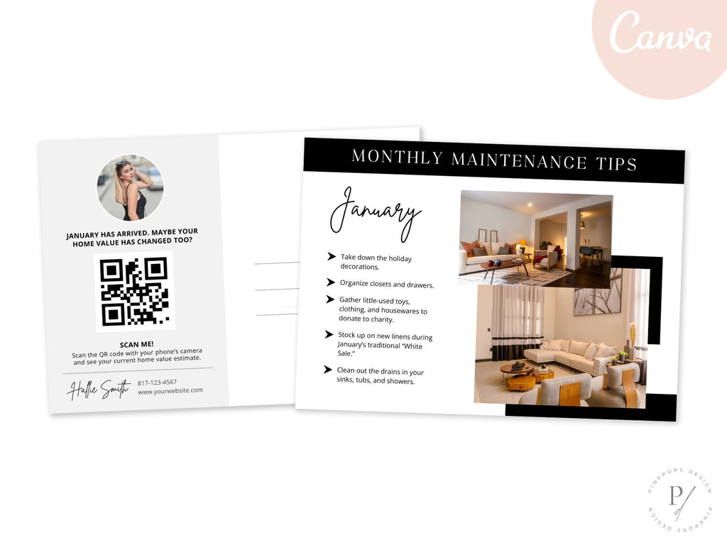 Monthly Maintenance Tips Bundle - Comprehensive set including postcards, Instagram posts, stories, and textable templates offering home maintenance advice.