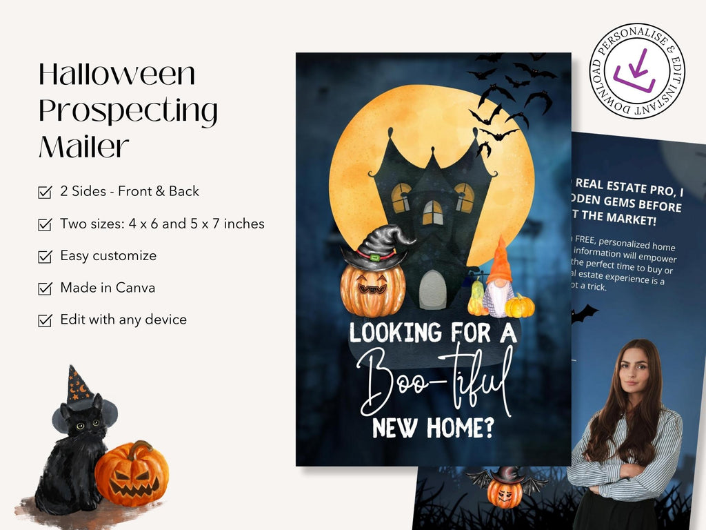 Real Estate Halloween Mailer - Eye-catching mailer with festive design and a touch of Halloween fun for expressing seasonal greetings and connecting with clients in a playful spirit.