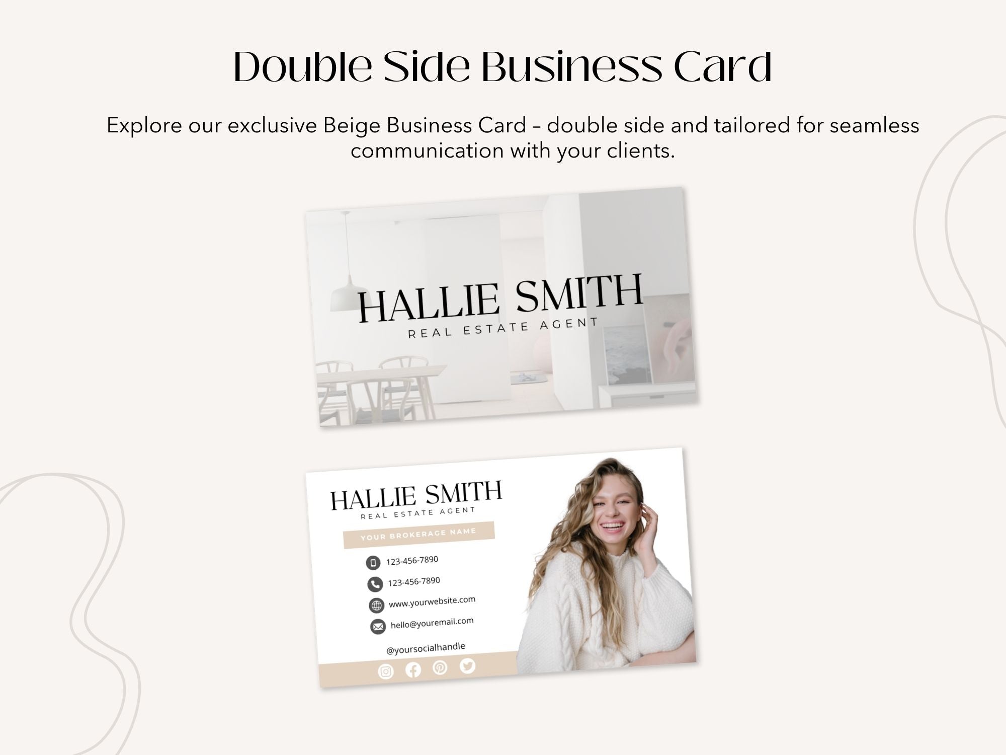Real Estate Beige Business Card Set - Sleek and sophisticated business cards in a timeless beige color scheme for real estate professionals.