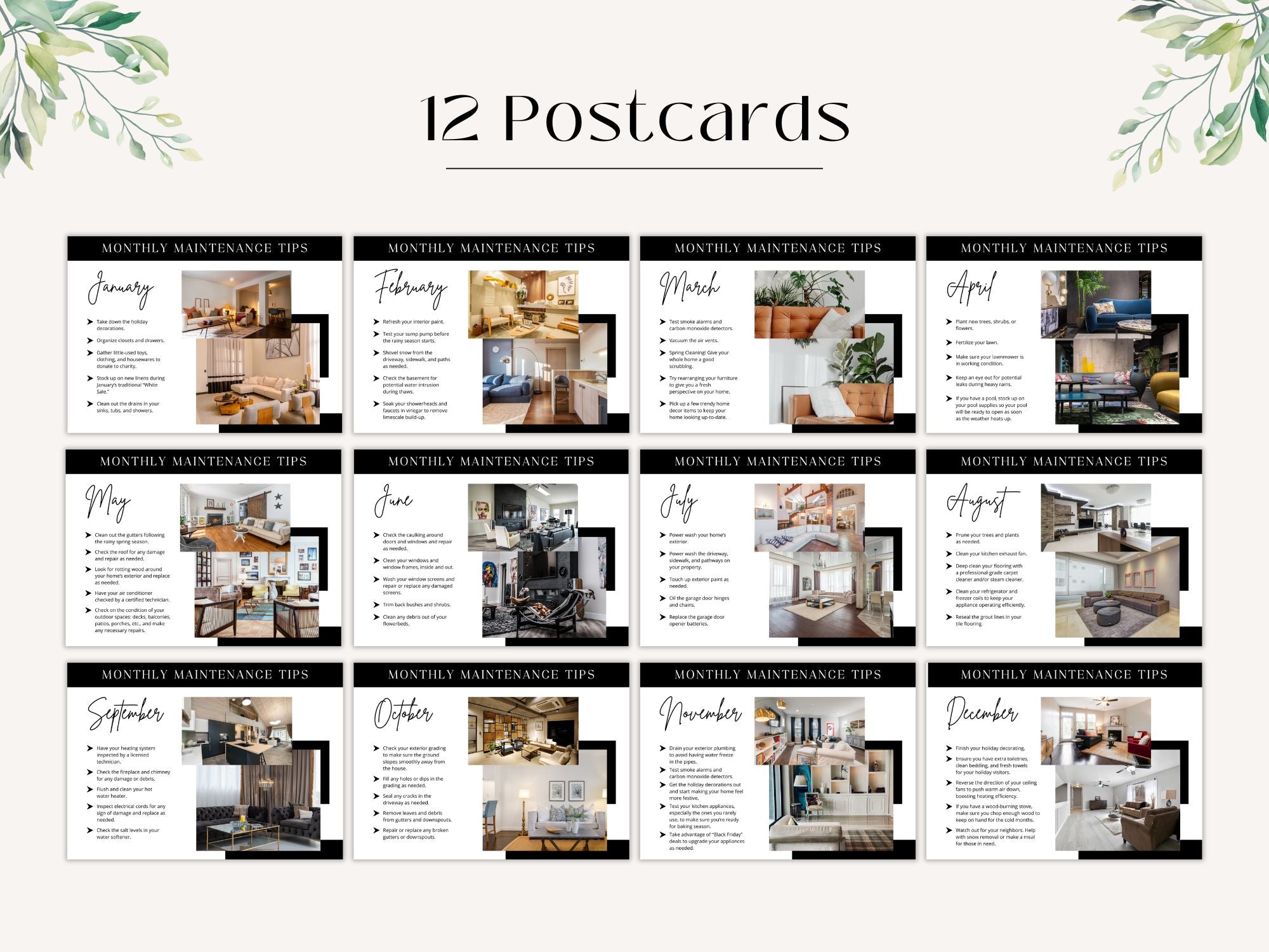 Monthly Maintenance Tips Postcards - Beautifully designed postcards offering valuable home maintenance advice.