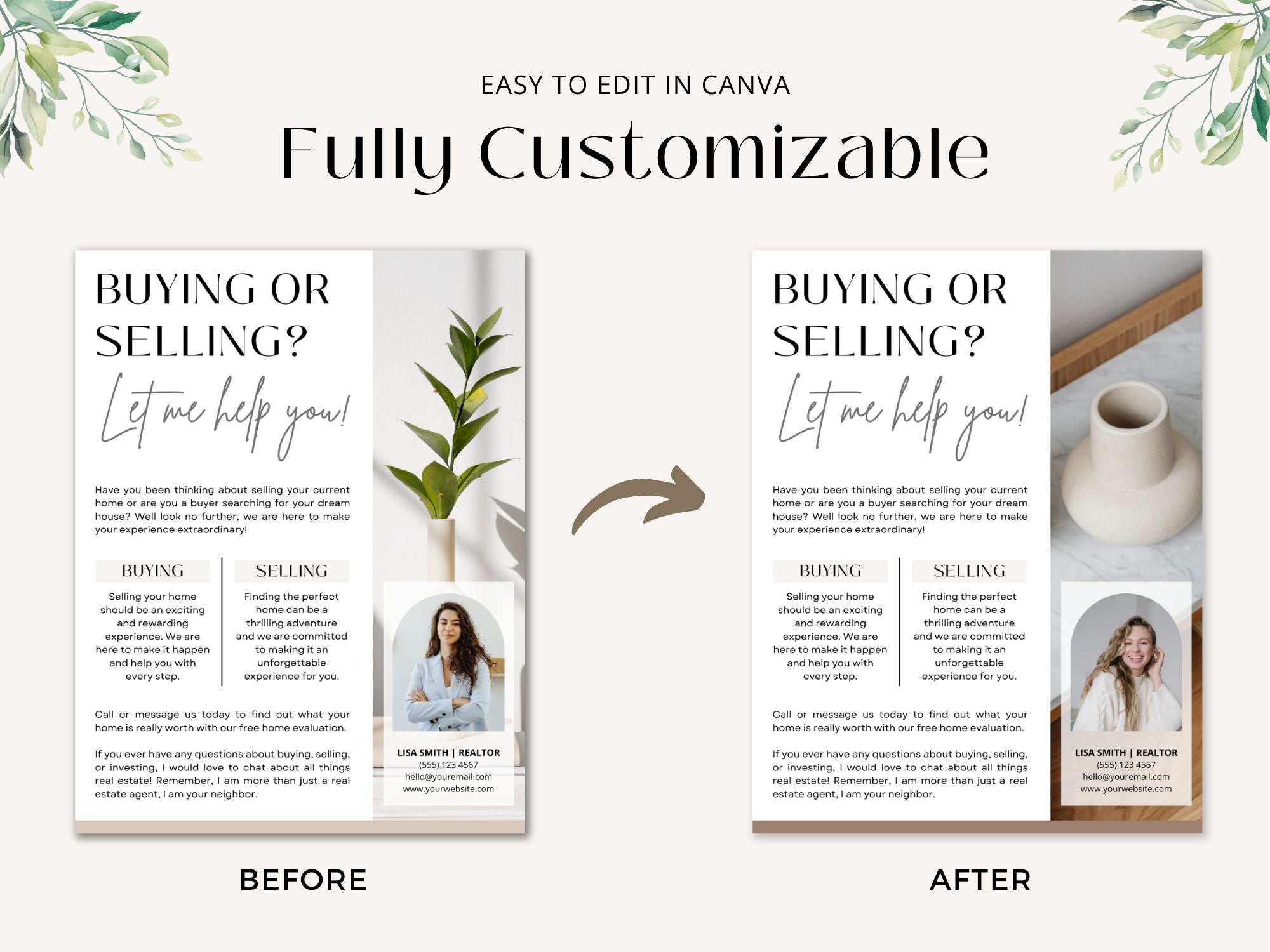Real estate marketing bundle including postcard, brochure, textable message, and letter for buying or selling properties.