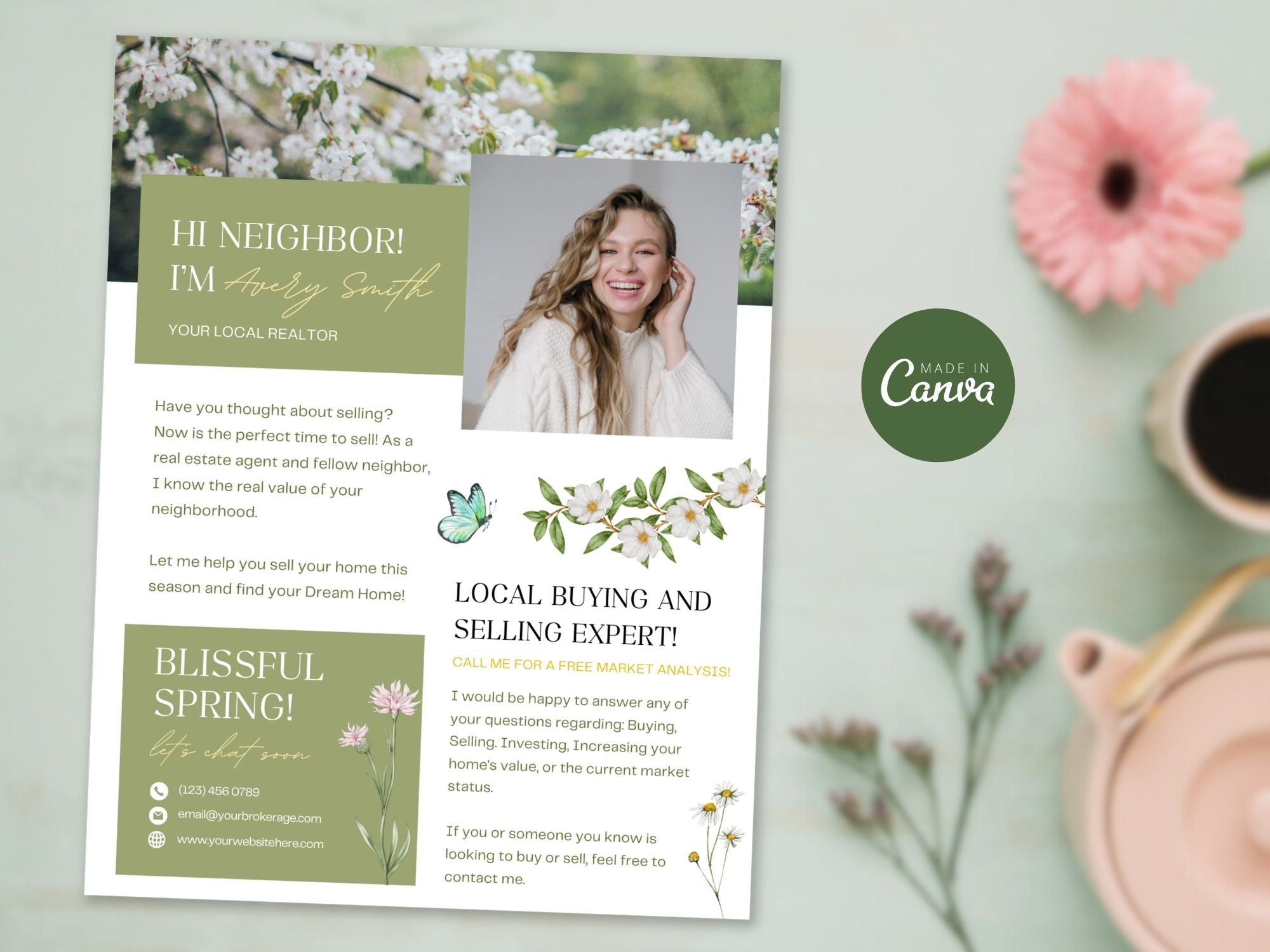 Spring Hello Neighbor Flyer - Professionally designed real estate flyer welcoming the season and showcasing property listings.