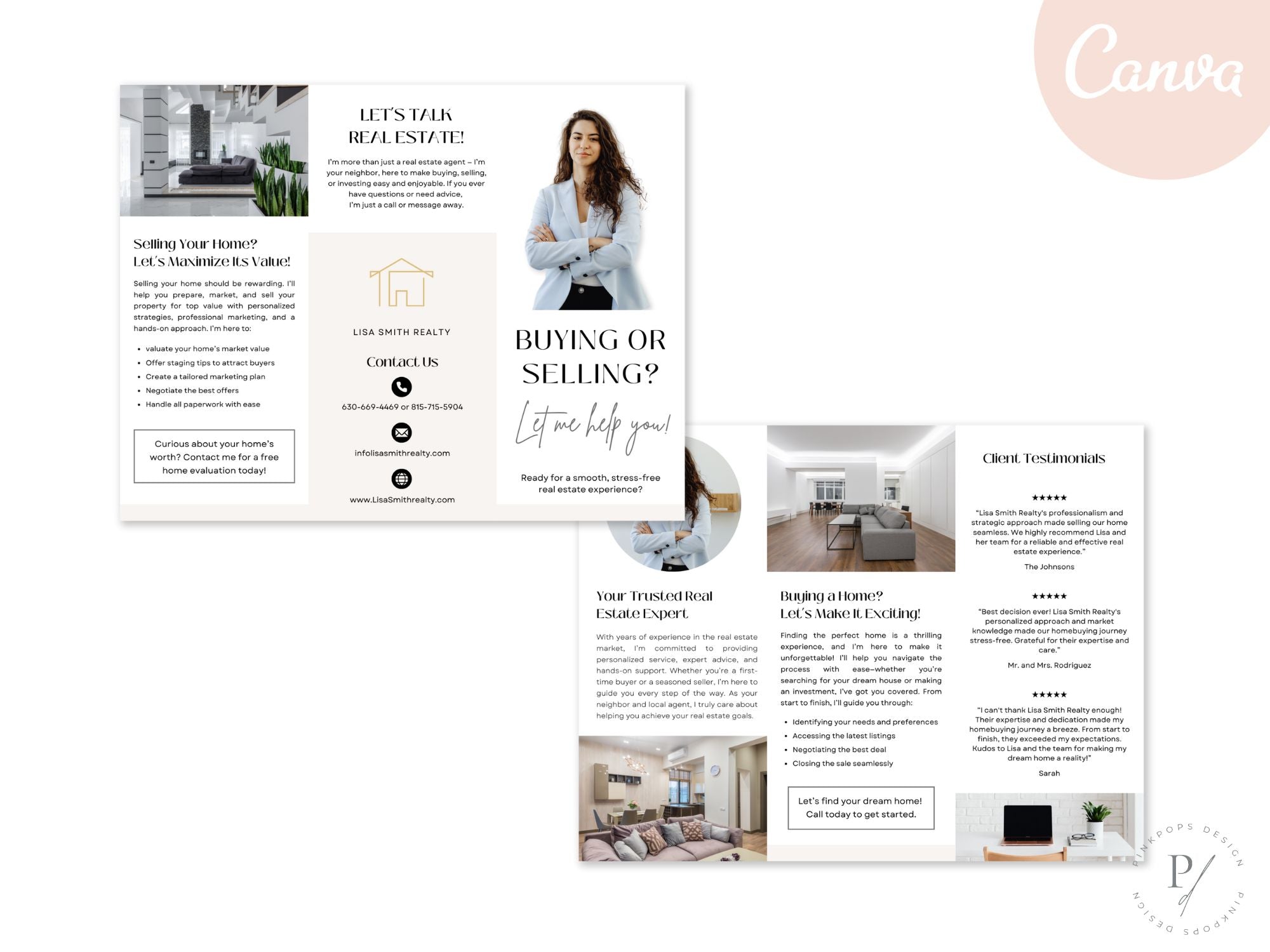 Real estate marketing bundle including postcard, brochure, textable message, and letter for buying or selling properties.