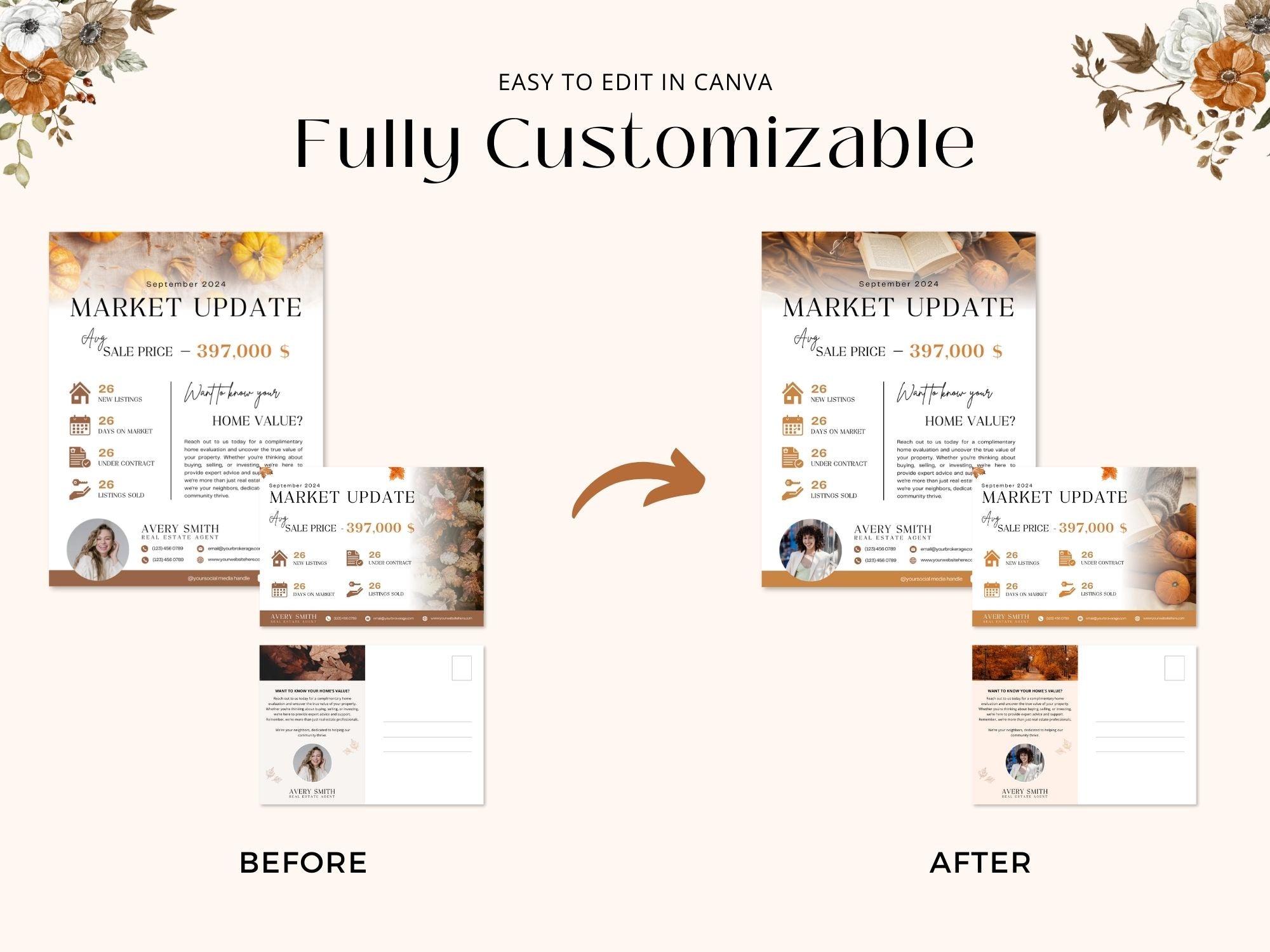 Fall Market Update Postcard and Flyer set with autumn-themed design for real estate professionals.