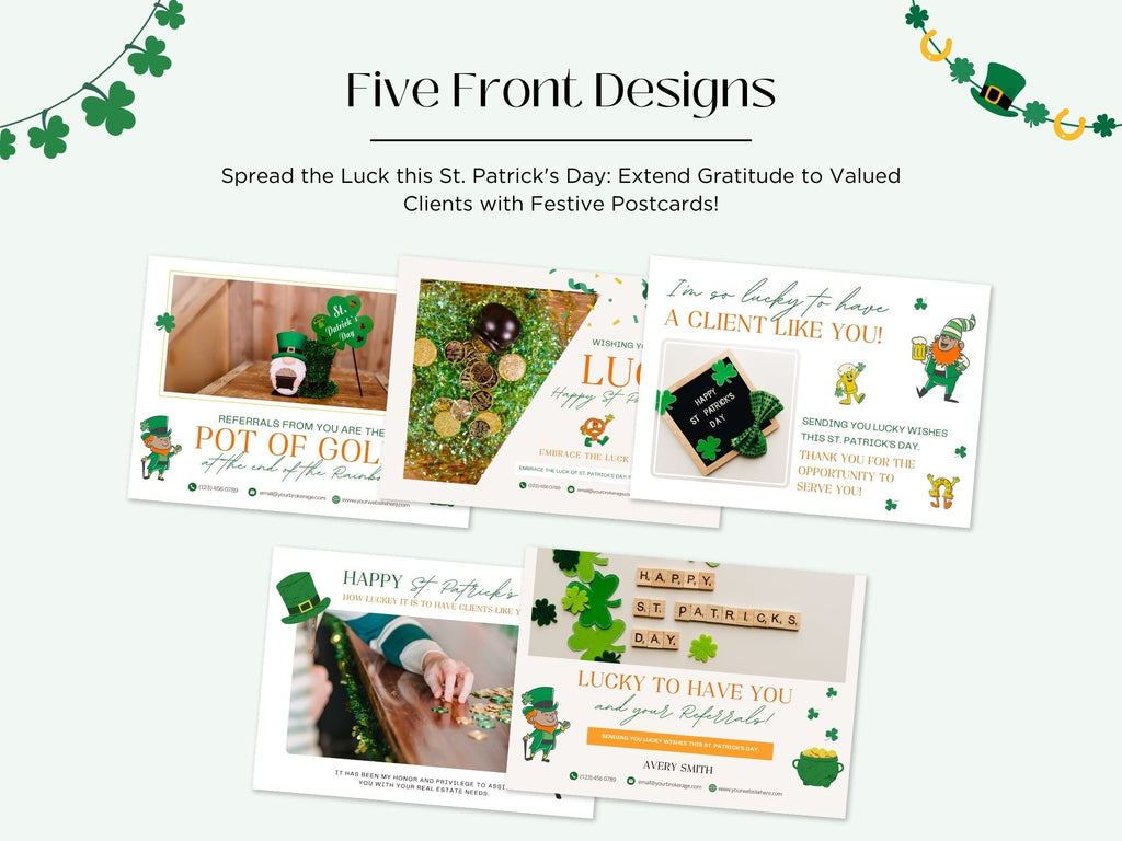 St. Patrick's Day Postcard Bundle - Eye-catching postcards for real estate marketing with Irish-themed charm and professional aesthetics.