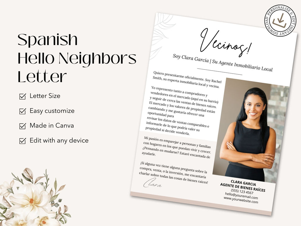 Real Estate 'Hello Neighbors' Letter in Spanish Vol. 02 - Connect effectively with your community by introducing your real estate services with this personalized digital letter.