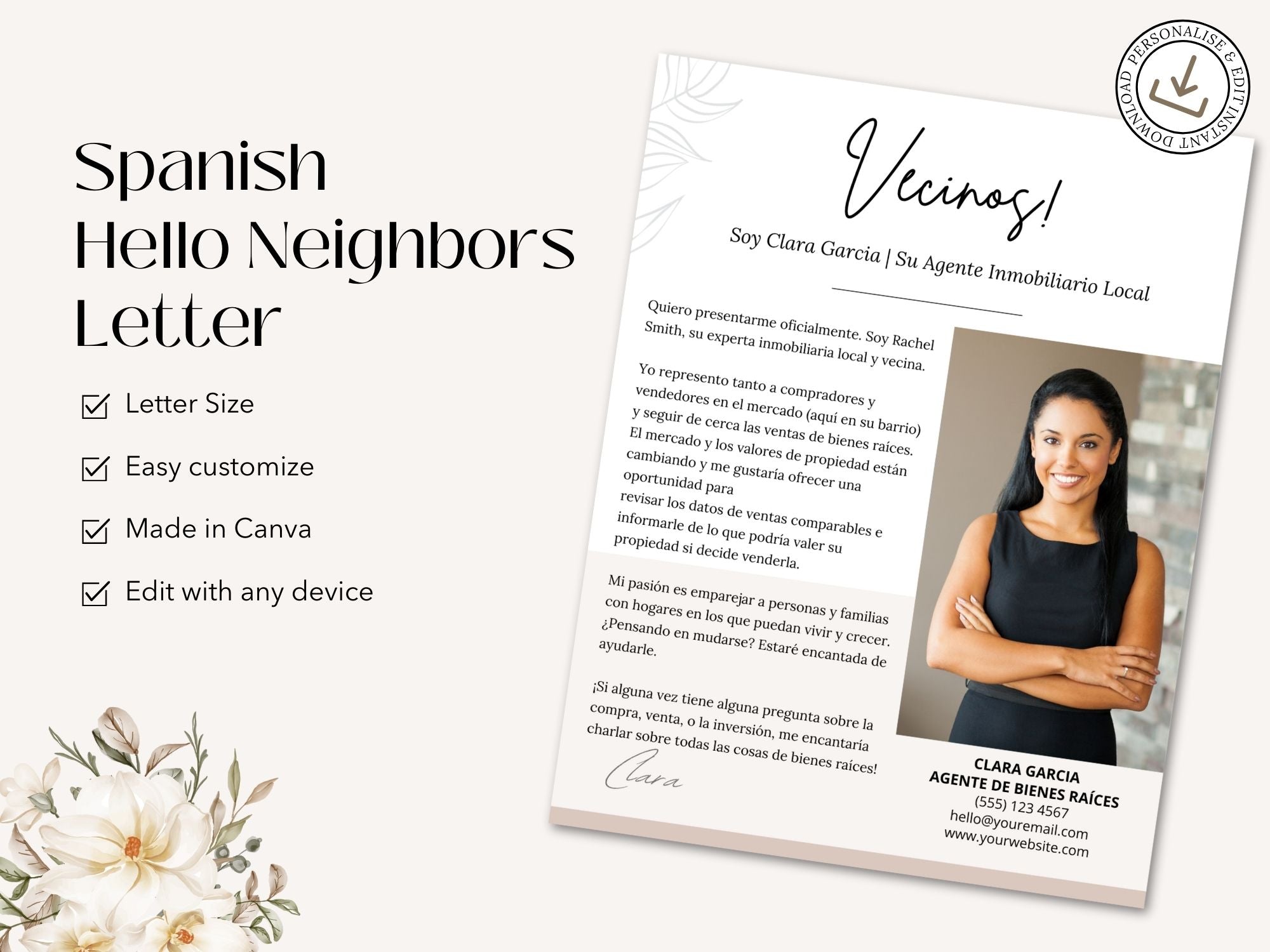 Real Estate 'Hello Neighbors' Letter in Spanish Vol. 02 - Connect effectively with your community by introducing your real estate services with this personalized digital letter.