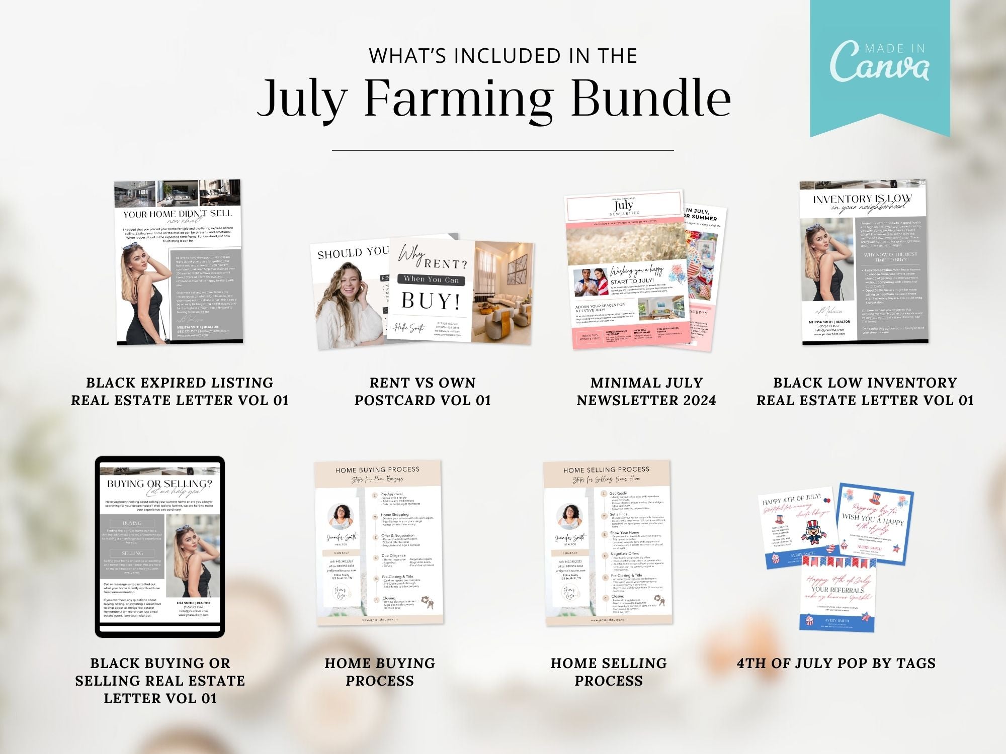 Real Estate July Farming Bundle - Comprehensive marketing materials for real estate farming campaigns.