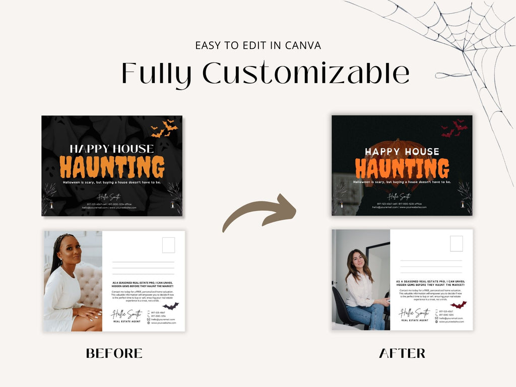 Real Estate Happy House Haunting Halloween Postcard - Creatively designed postcard wishing clients a 'Happy House Haunting,' providing a unique and engaging way to express Halloween greetings and foster connections with your real estate audience.
