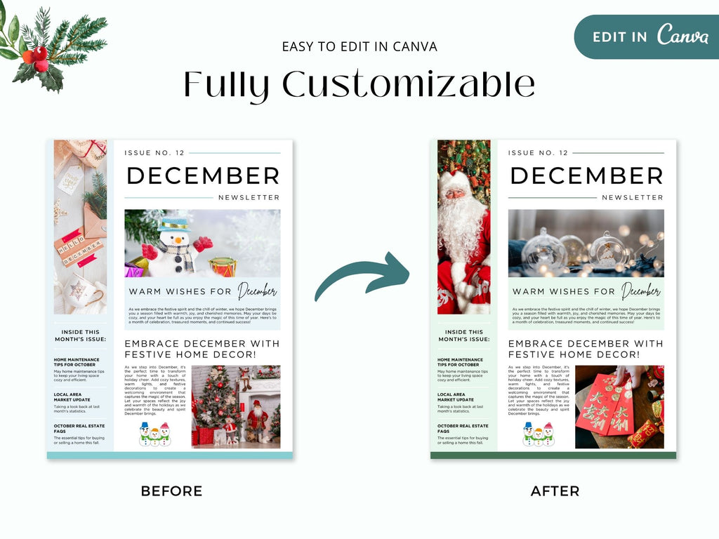 December Newsletter 2024 Vol 02 template for real estate professionals, featuring year-end market summaries and holiday home tips.