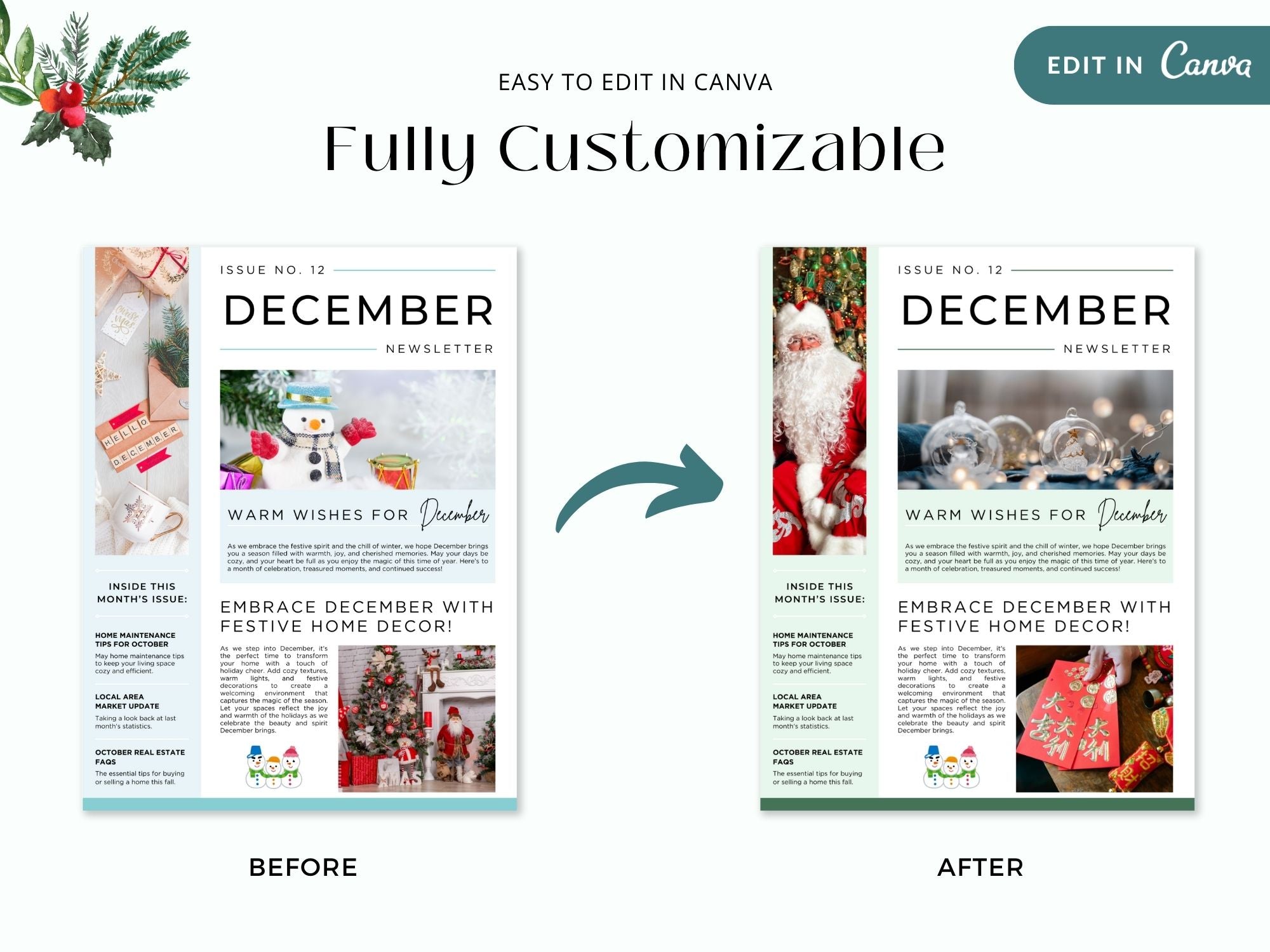 December Newsletter 2024 Vol 02 template for real estate professionals, featuring year-end market summaries and holiday home tips.