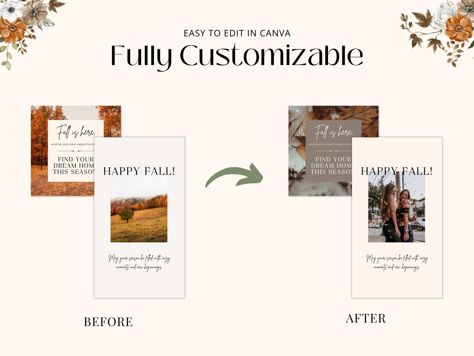 Fall-themed Instagram post and story templates for real estate marketing.