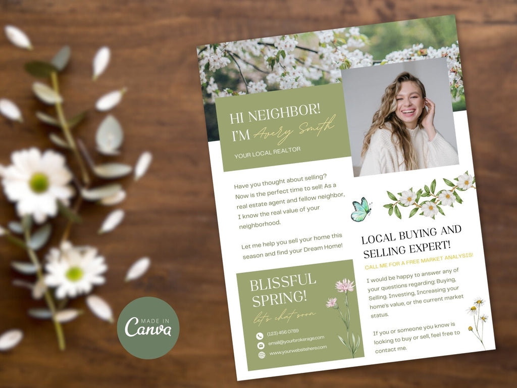 Spring Hello Neighbor Flyer - Professionally designed real estate flyer welcoming the season and showcasing property listings.