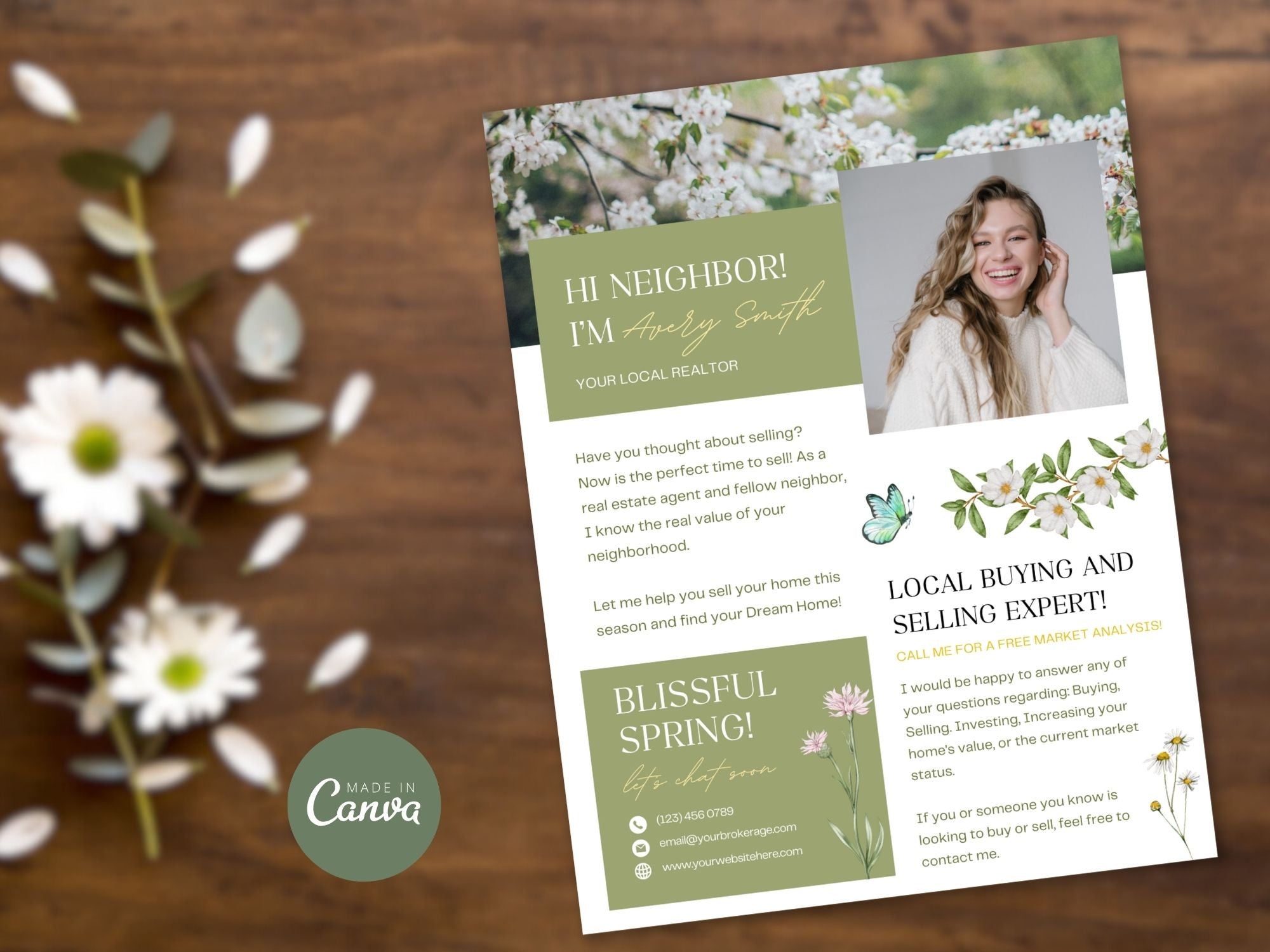 Spring Hello Neighbor Flyer - Professionally designed real estate flyer welcoming the season and showcasing property listings.