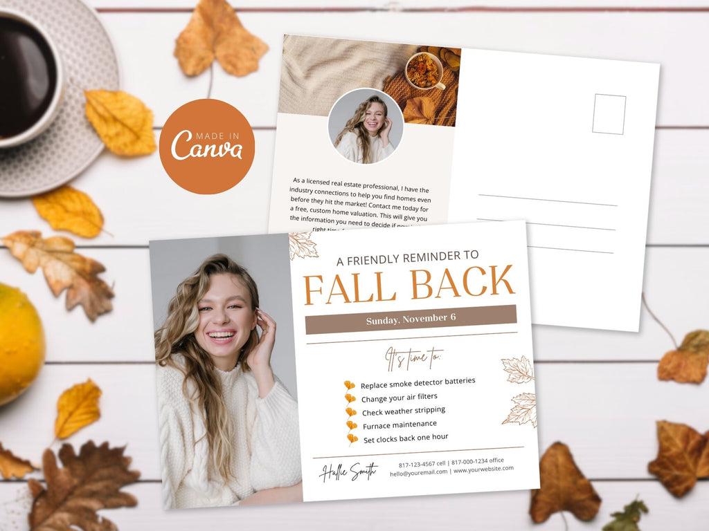 Real Estate Fall Back Postcard Vol 02 - Captivating design for reminding clients about the time change and showcasing your real estate brand in the autumn season.
