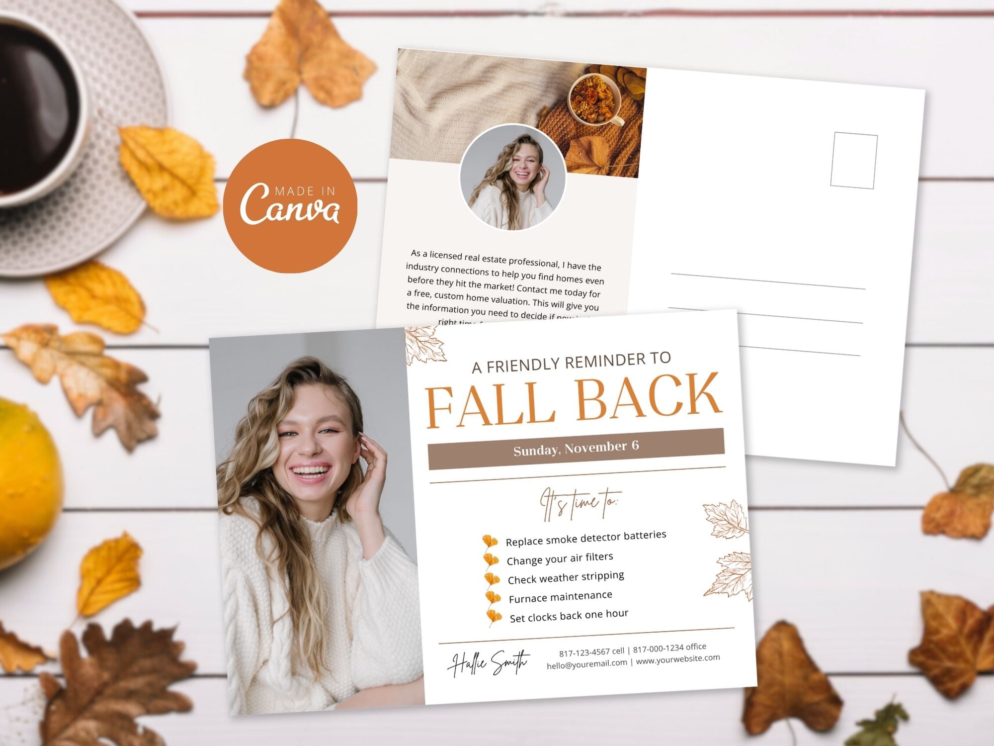 Real Estate Fall Back Postcard Vol 02 - Captivating design for reminding clients about the time change and showcasing your real estate brand in the autumn season.