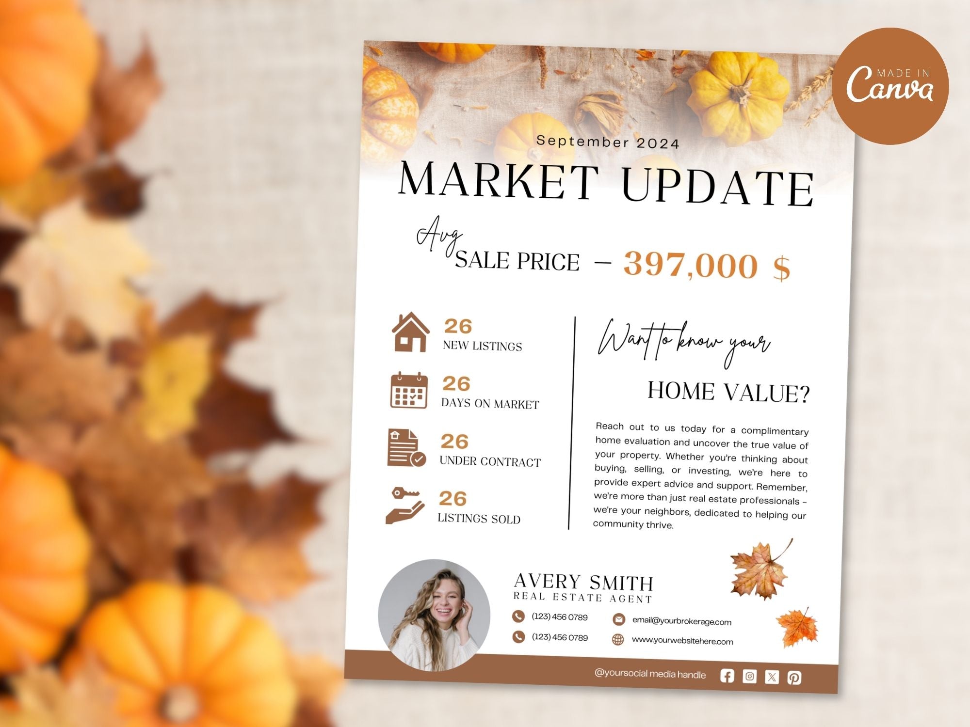 Fall Market Update Postcard and Flyer set with autumn-themed design for real estate professionals.