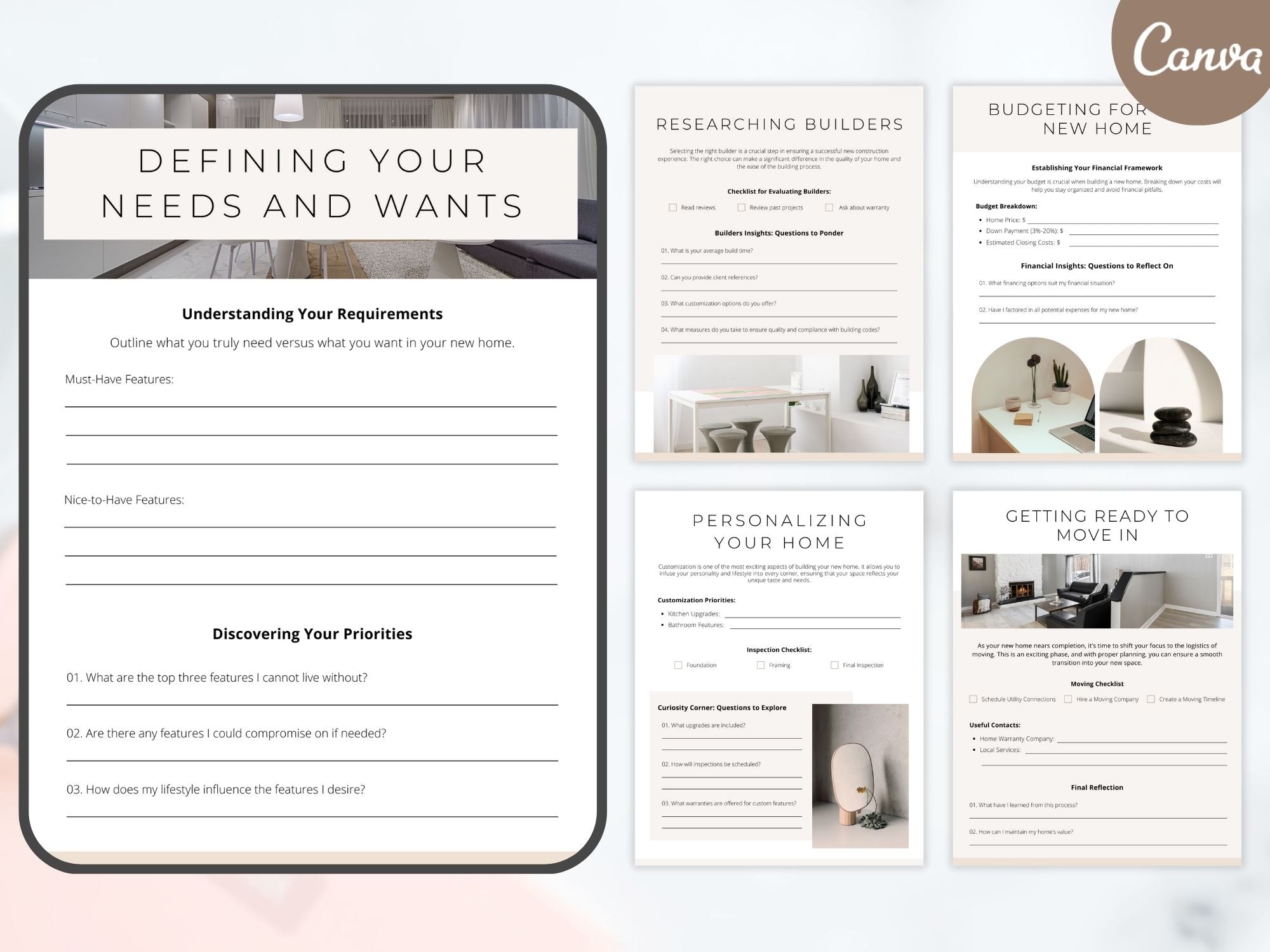 Minimal New Construction Workbook for realtors, helping clients navigate the home-building
process.