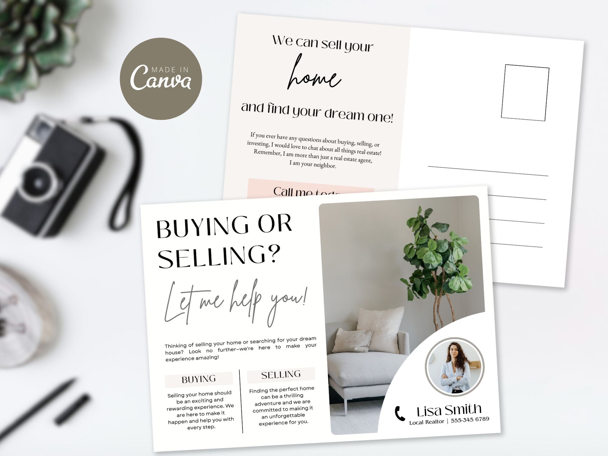 Real estate marketing bundle including postcard, brochure, textable message, and letter for buying or selling properties.