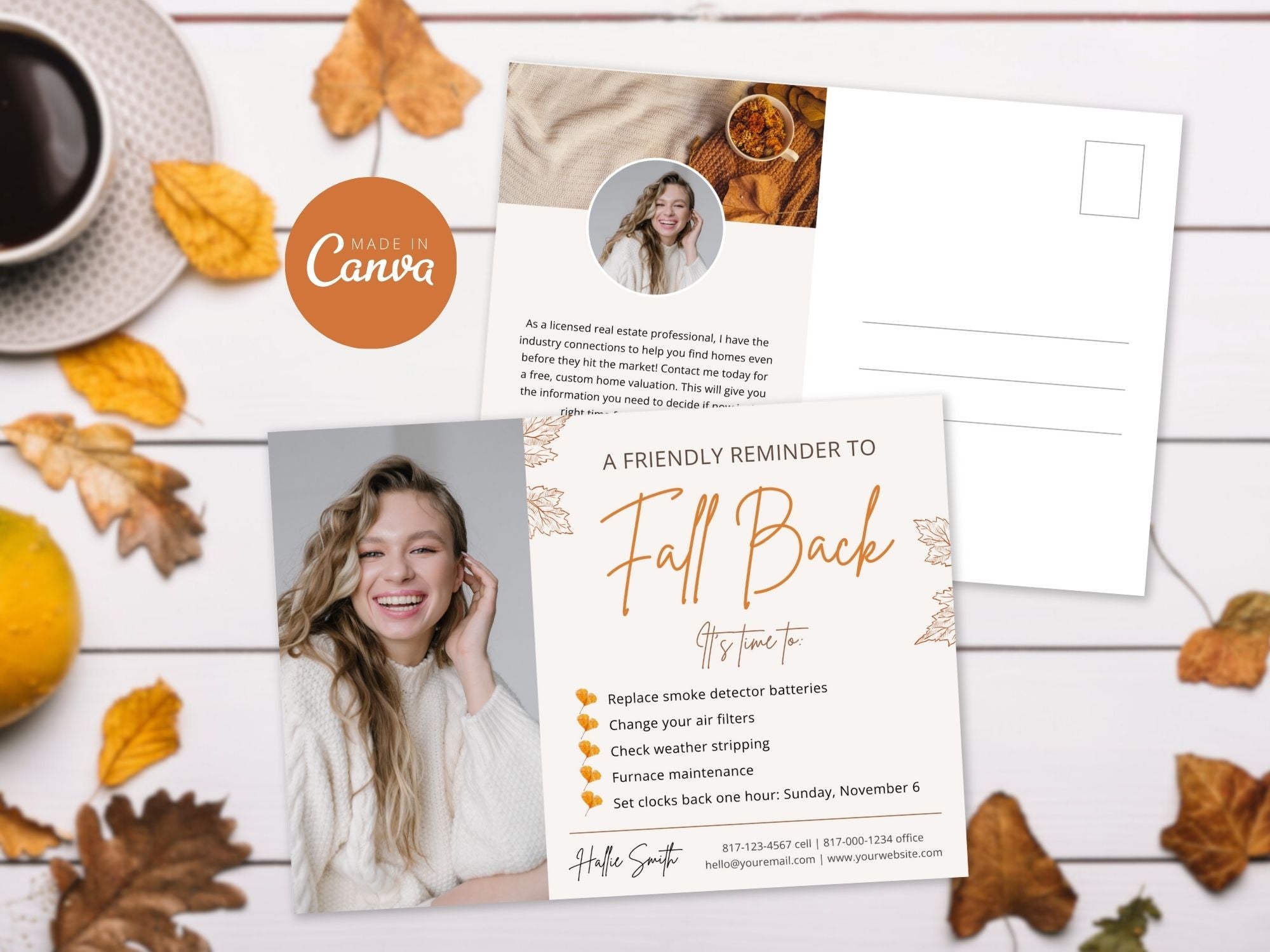 Real Estate Fall Back Postcard Vol 01 - Eye-catching design for reminding clients about the time change and showcasing your real estate brand in the autumn season.