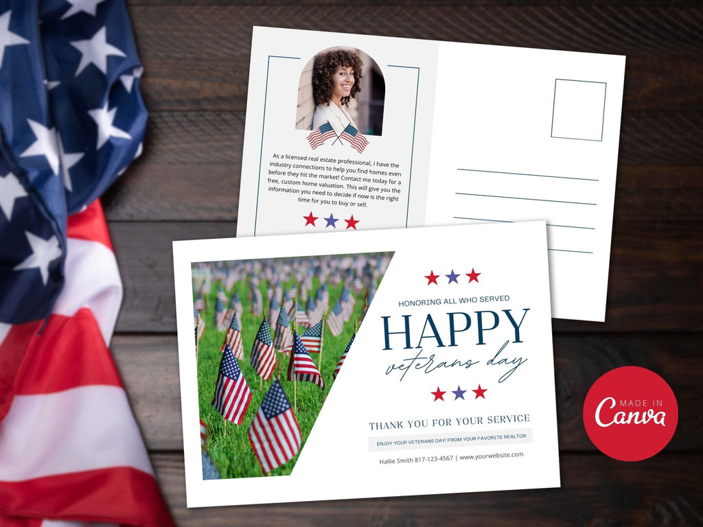 Real Estate Veterans Day Postcard Vol 01 - Specially crafted postcard honoring Veterans Day, expressing gratitude and celebrating service with a beautifully designed real estate marketing card.