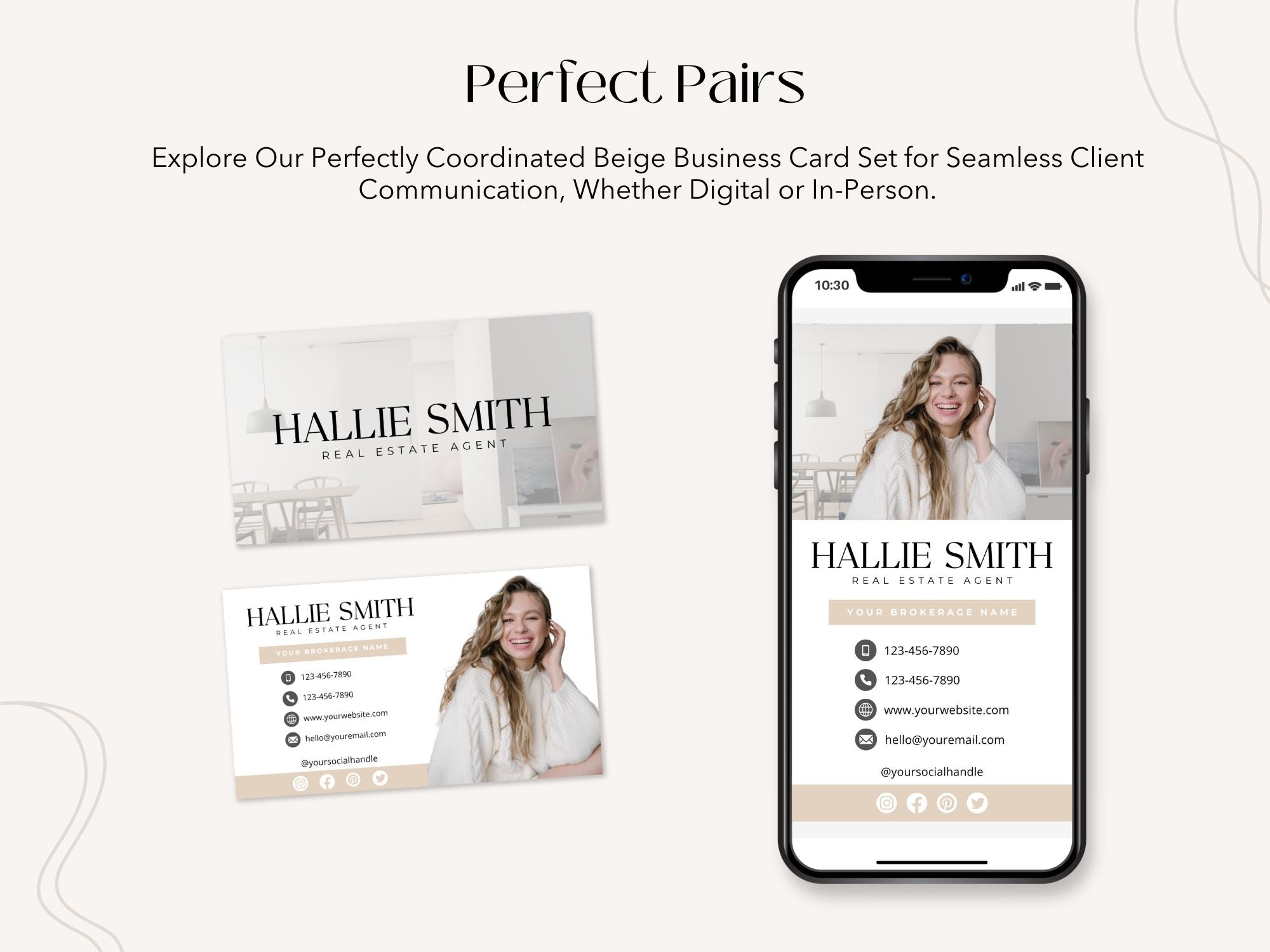 Real Estate Beige Business Card Set - Sleek and sophisticated business cards in a timeless beige color scheme for real estate professionals.