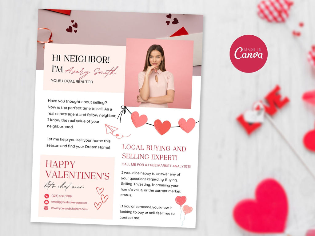 Valentine Hello Neighbor Flyer - Charming real estate flyer with a heartwarming design for local outreach.