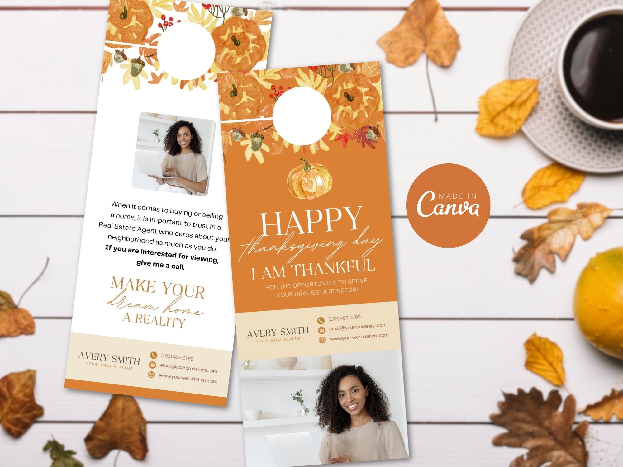Real Estate Thanksgiving Door Hanger Vol 02 - Eye-catching door hanger for connecting with neighbors and clients, combining festive design with a touch of gratitude during the Thanksgiving holiday season.