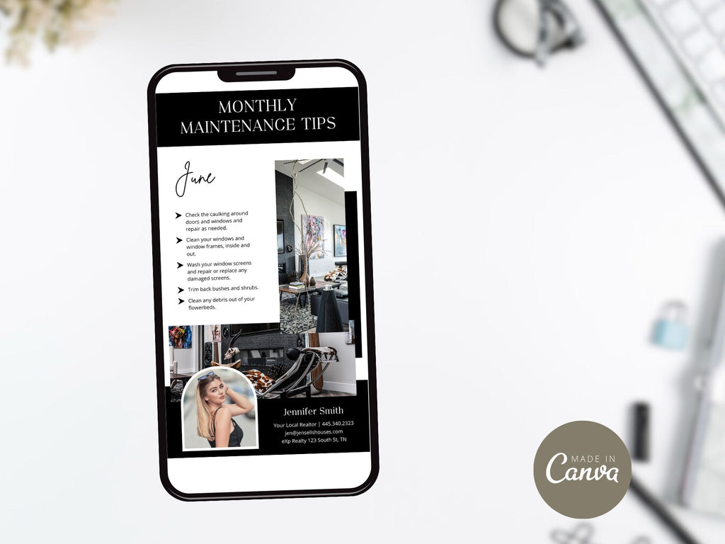 Monthly Maintenance Tips Bundle - Comprehensive set including postcards, Instagram posts, stories, and textable templates offering home maintenance advice.