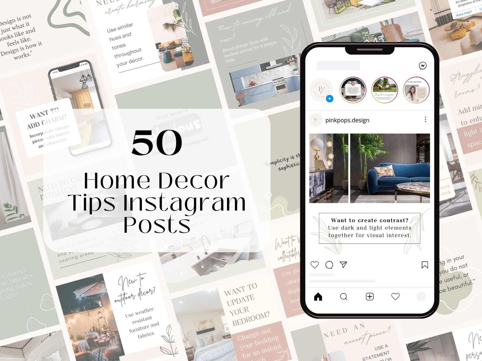 50 Home Decor Tips Instagram Posts - Beautifully designed templates offering home decorating advice.