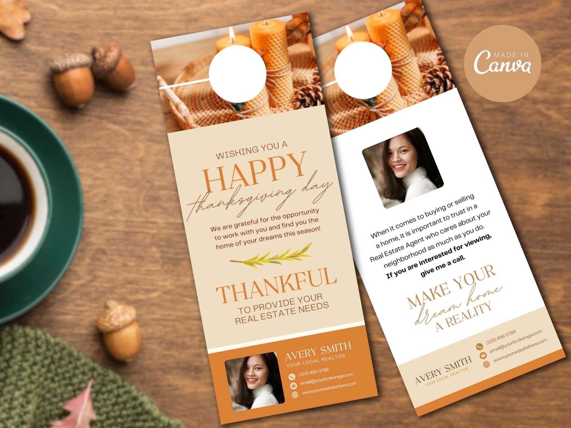 Real Estate Thanksgiving Door Hanger Vol 01 - Beautifully crafted door hanger for connecting with neighbors and clients, blending festive design with expressions of gratitude during the Thanksgiving holiday season.