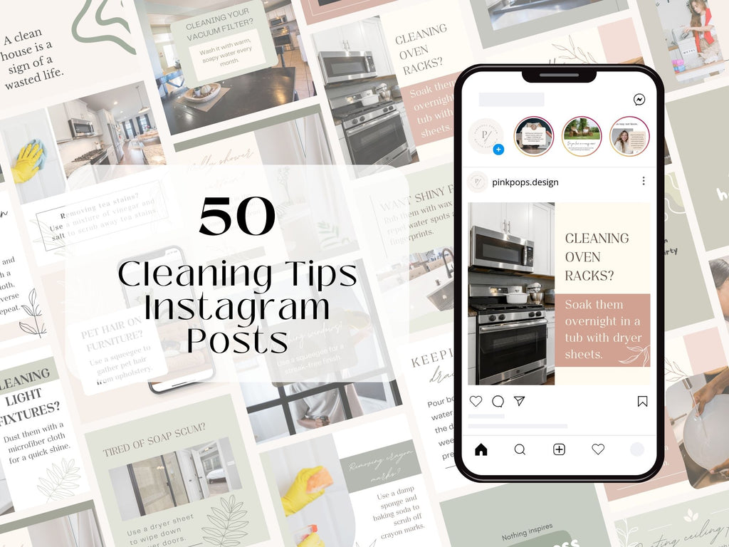 50 Cleaning Tips Instagram Posts Vol 01 - Visually appealing templates with practical cleaning  tips.
