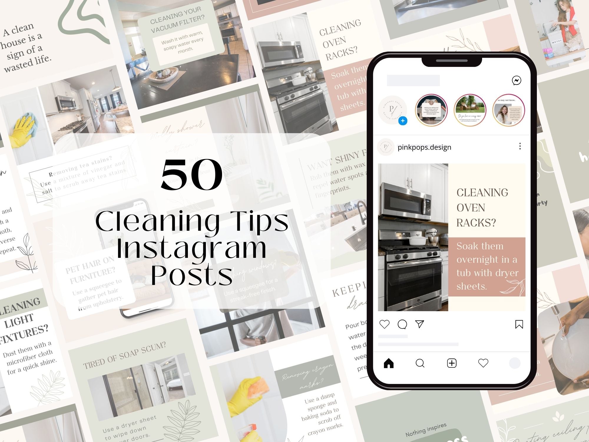 50 Cleaning Tips Instagram Posts Vol 01 - Visually appealing templates with practical cleaning  tips.