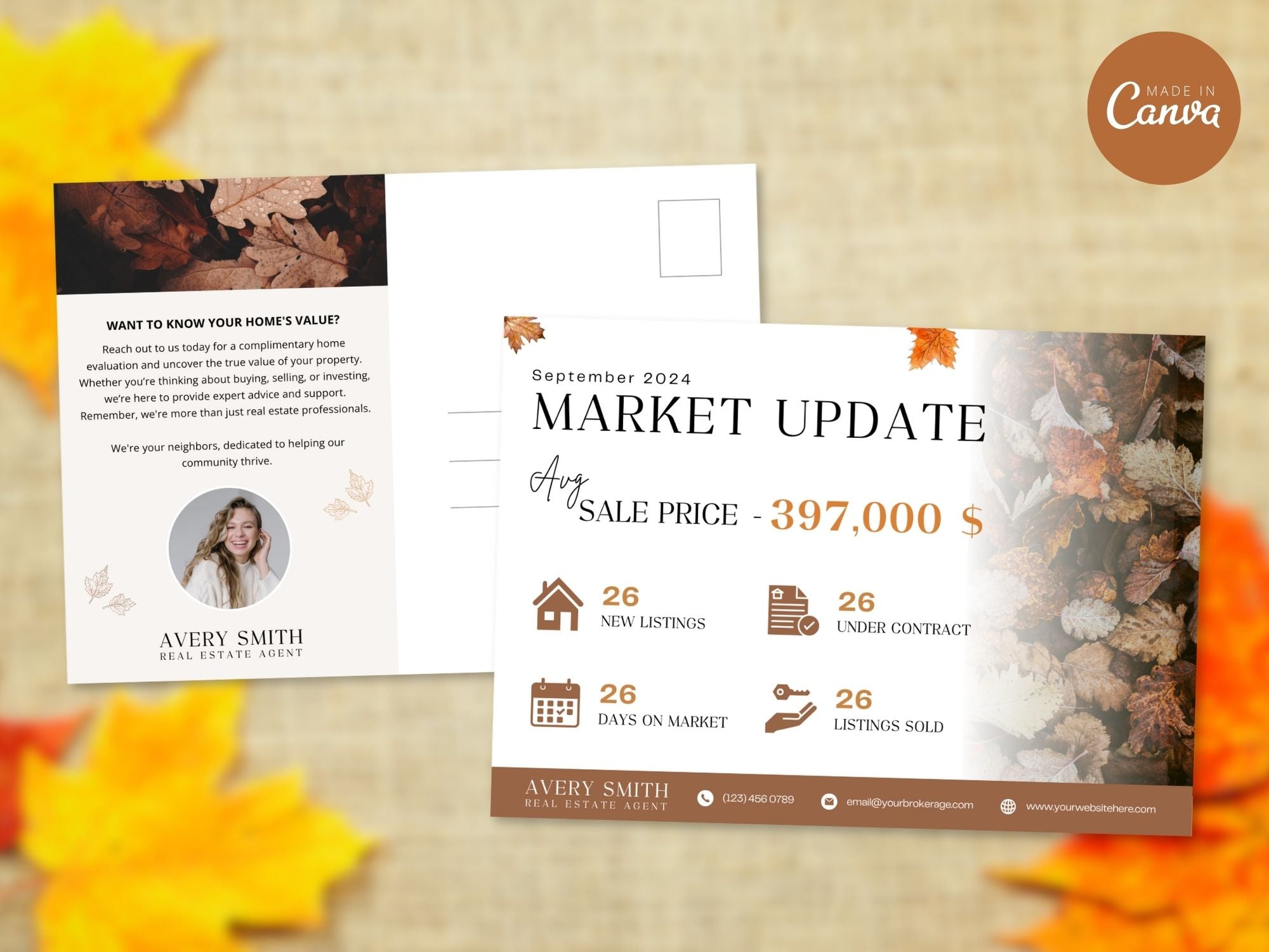Fall Market Update Postcard and Flyer set with autumn-themed design for real estate professionals.