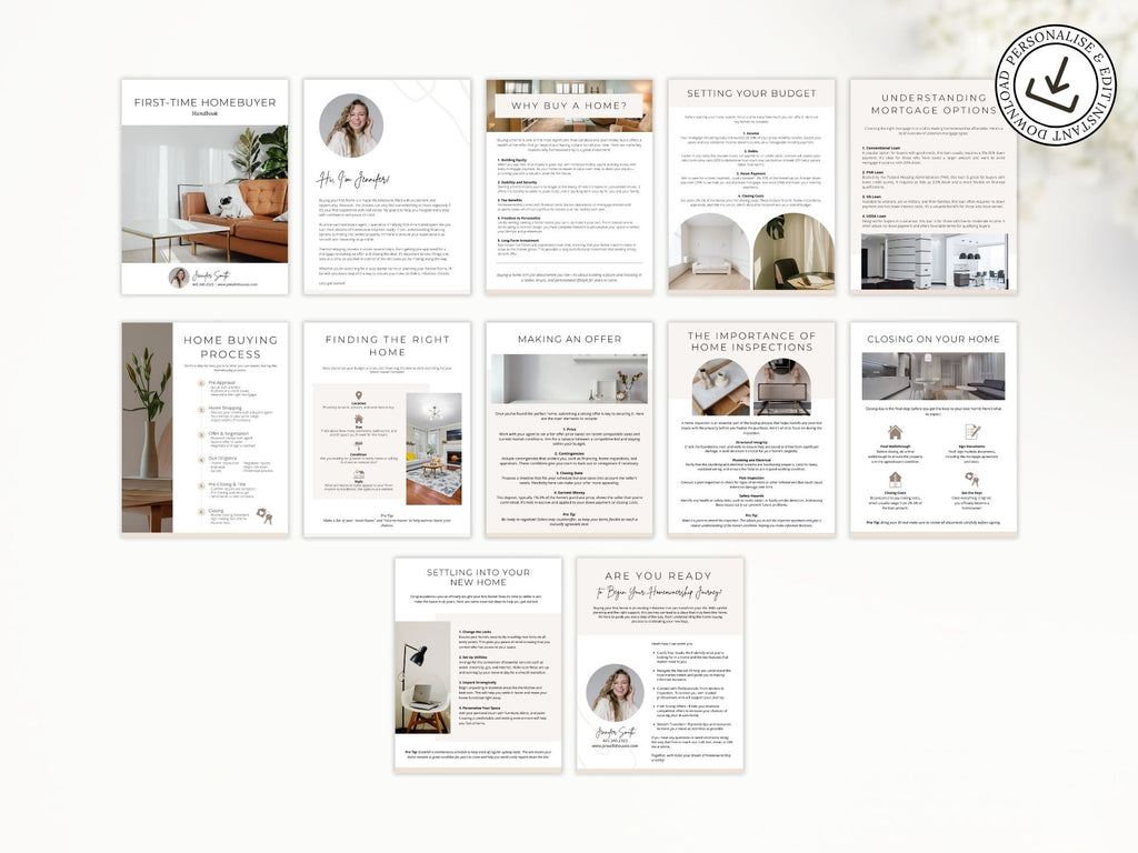 Minimal First Time Homebuyer Handbook for realtors, guiding new buyers through the home
purchase process.