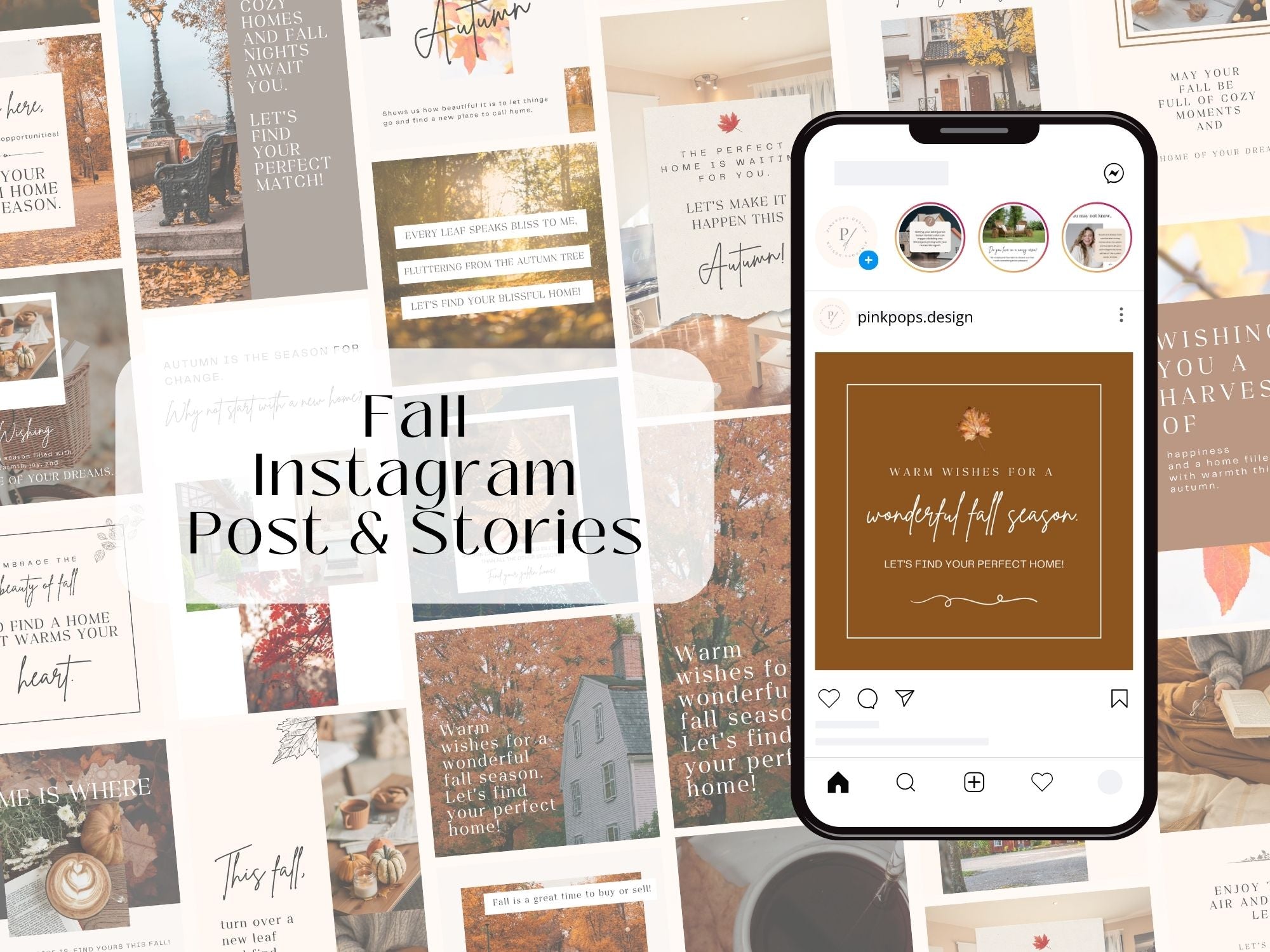 Fall-themed Instagram post and story templates for real estate marketing.