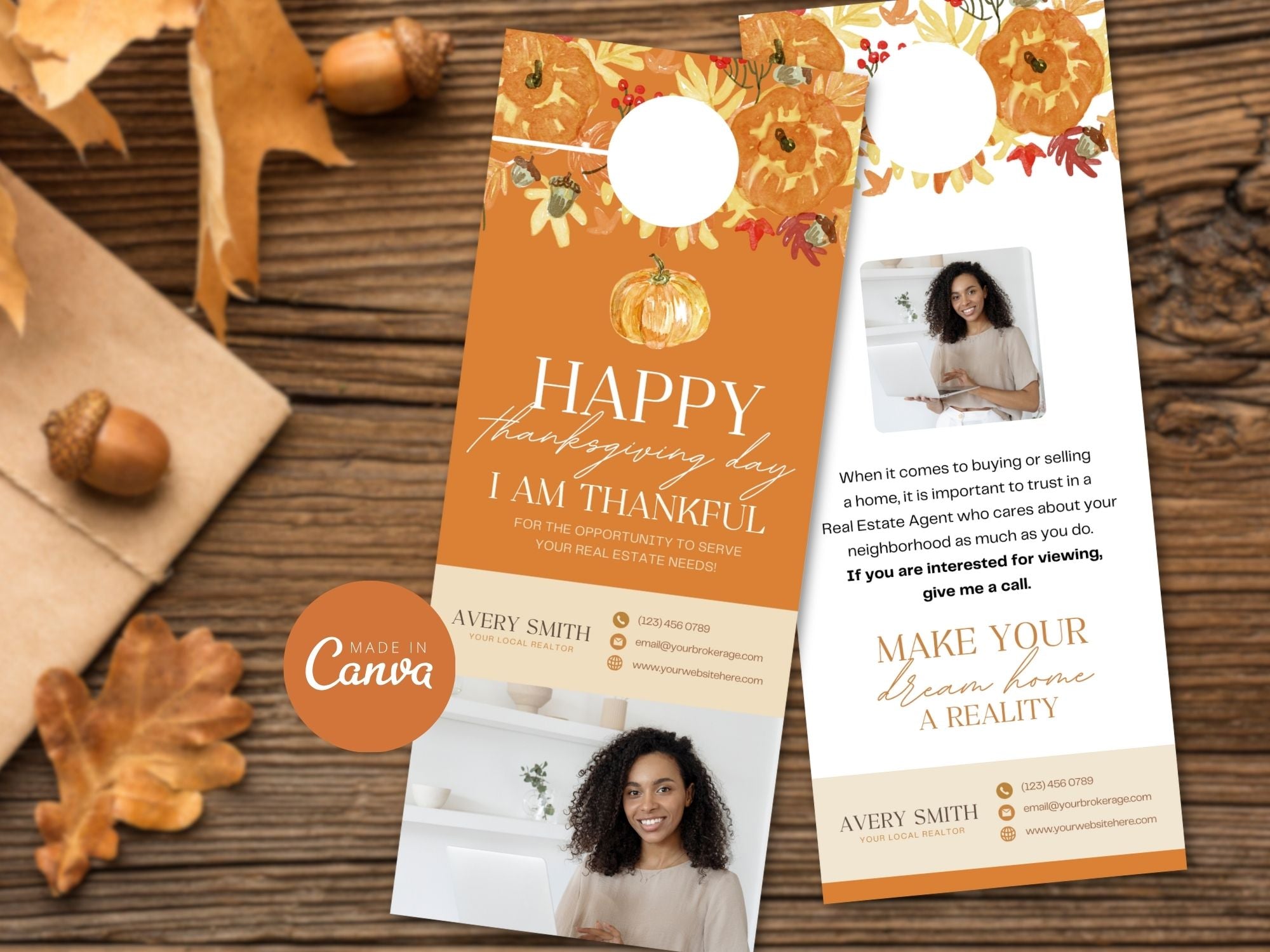 Real Estate Thanksgiving Door Hanger Vol 02 - Eye-catching door hanger for connecting with neighbors and clients, combining festive design with a touch of gratitude during the Thanksgiving holiday season.