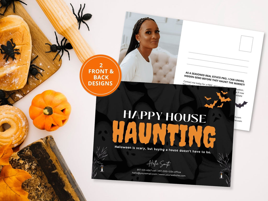 Real Estate Happy House Haunting Halloween Postcard - Creatively designed postcard wishing clients a 'Happy House Haunting,' providing a unique and engaging way to express Halloween greetings and foster connections with your real estate audience.