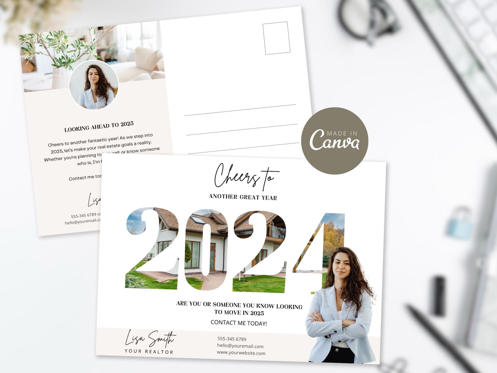 2024 Year in Review postcard showcasing real estate achievements and milestones in a 5x7 design.