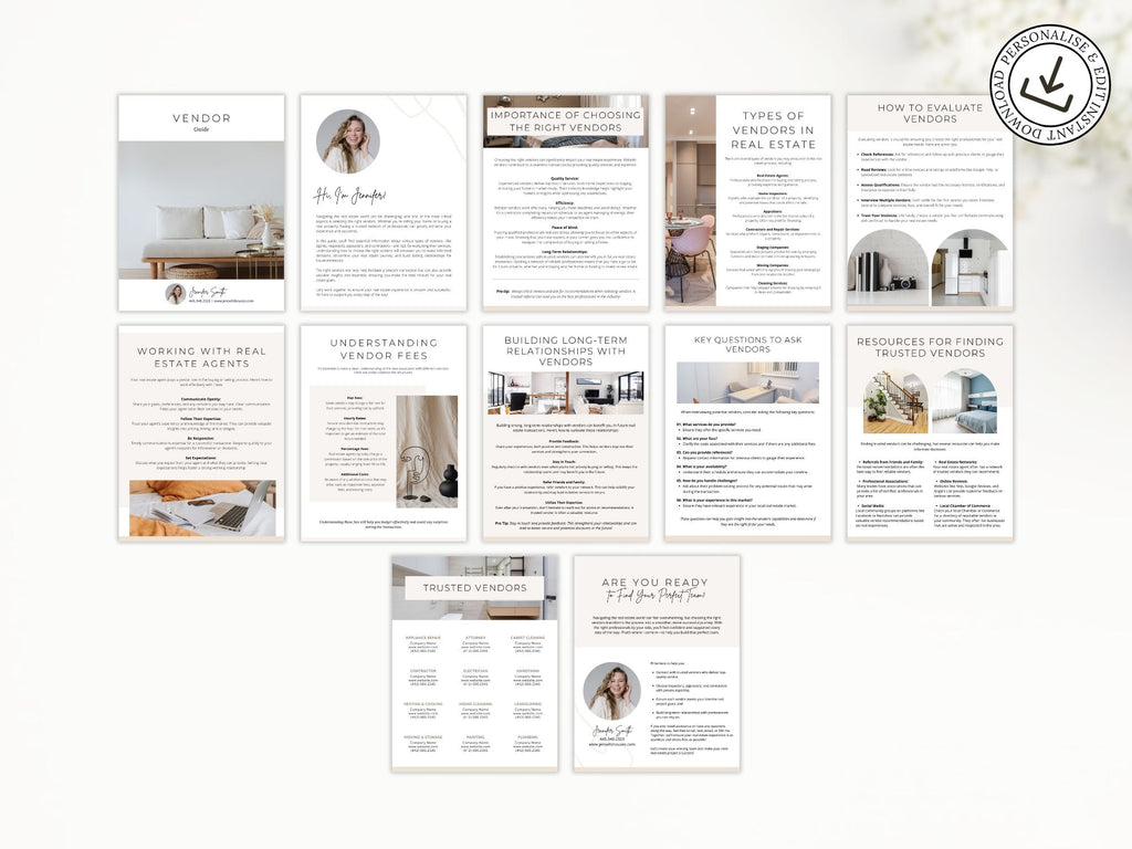 Minimal Vendor Guide template for real estate agents featuring trusted local service providers and vendors.