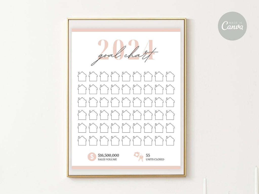 Real Estate Blush Pink 2024 Realtor Goal Chart - Visually appealing chart for goal setting and tracking in a sophisticated blush pink theme, providing a motivational and elegant tool for achieving real estate milestones