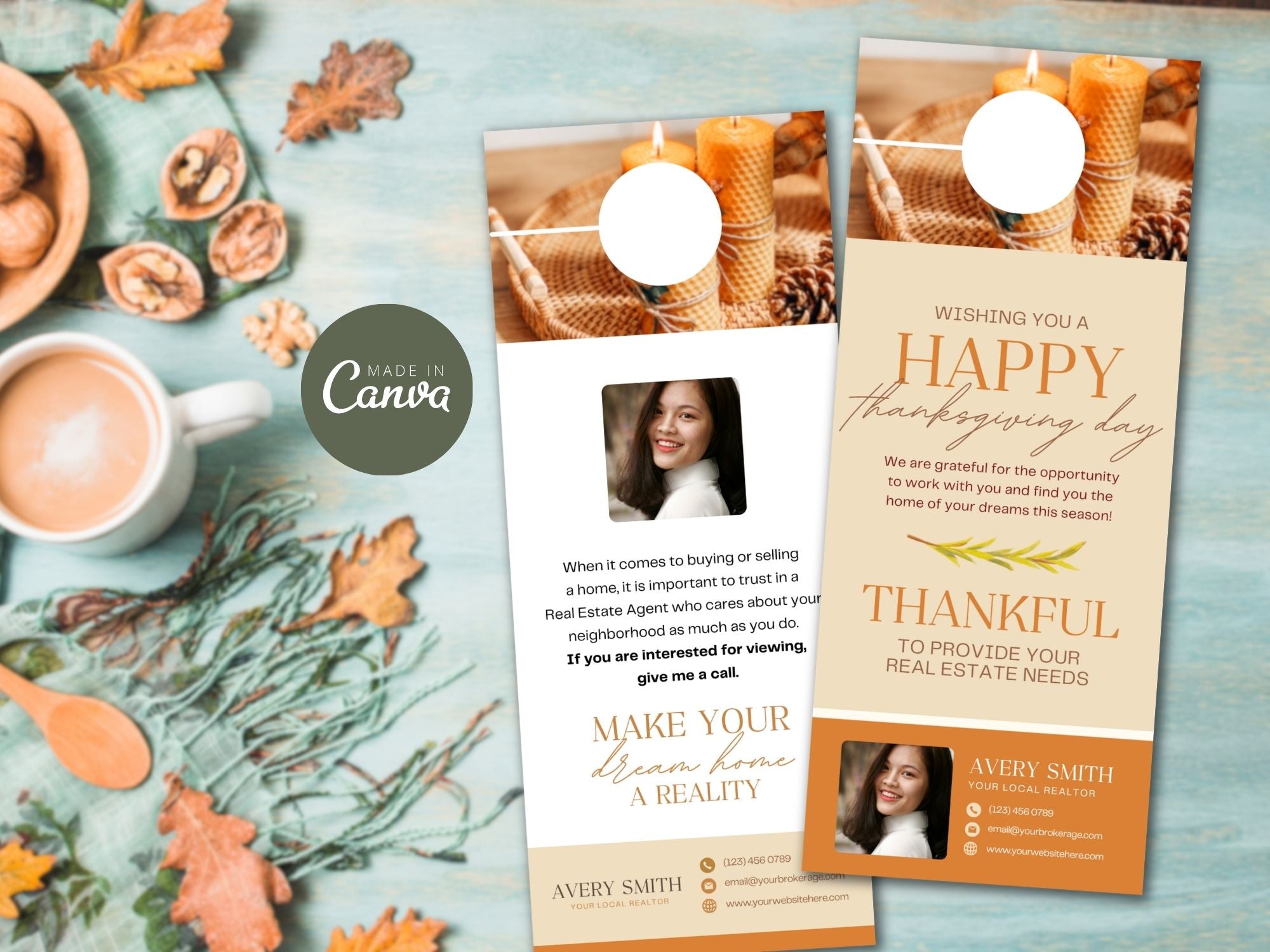 Real Estate Thanksgiving Door Hanger Vol 01 - Beautifully crafted door hanger for connecting with neighbors and clients, blending festive design with expressions of gratitude during the Thanksgiving holiday season.