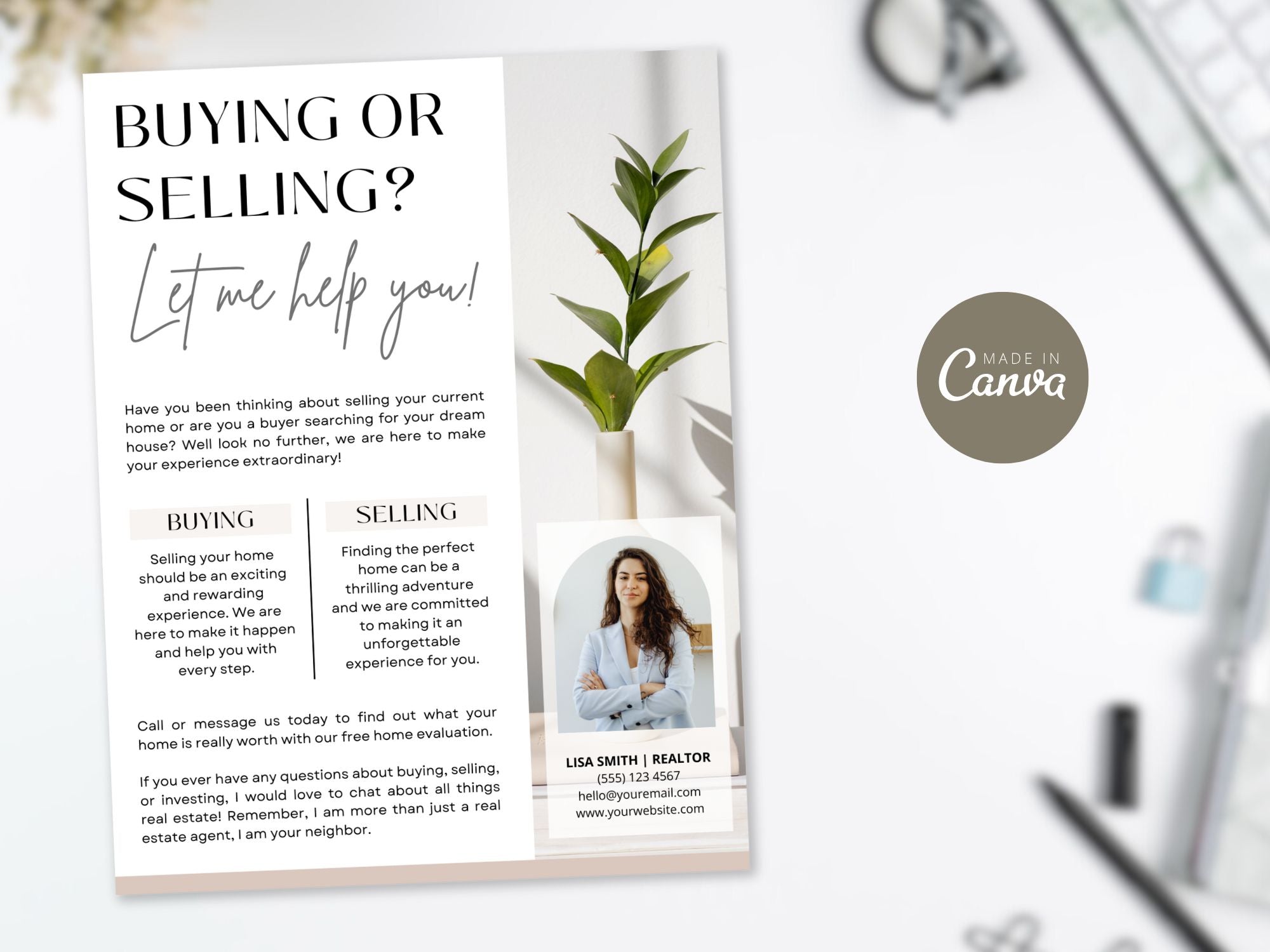 Real estate marketing bundle including postcard, brochure, textable message, and letter for buying or selling properties.