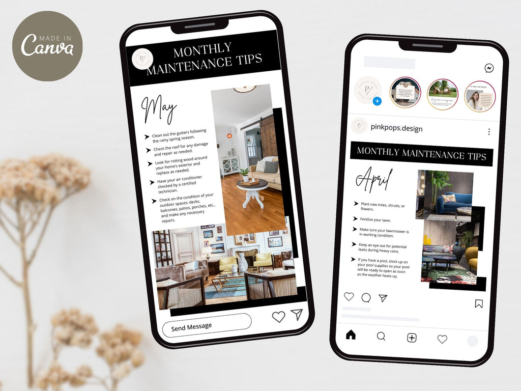 Monthly Maintenance Tips Bundle - Comprehensive set including postcards, Instagram posts, stories, and textable templates offering home maintenance advice.