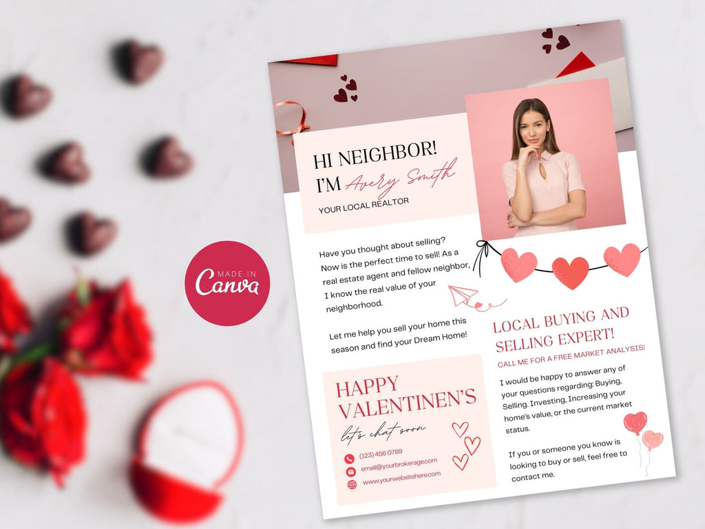 Valentine Hello Neighbor Flyer - Charming real estate flyer with a heartwarming design for local outreach.