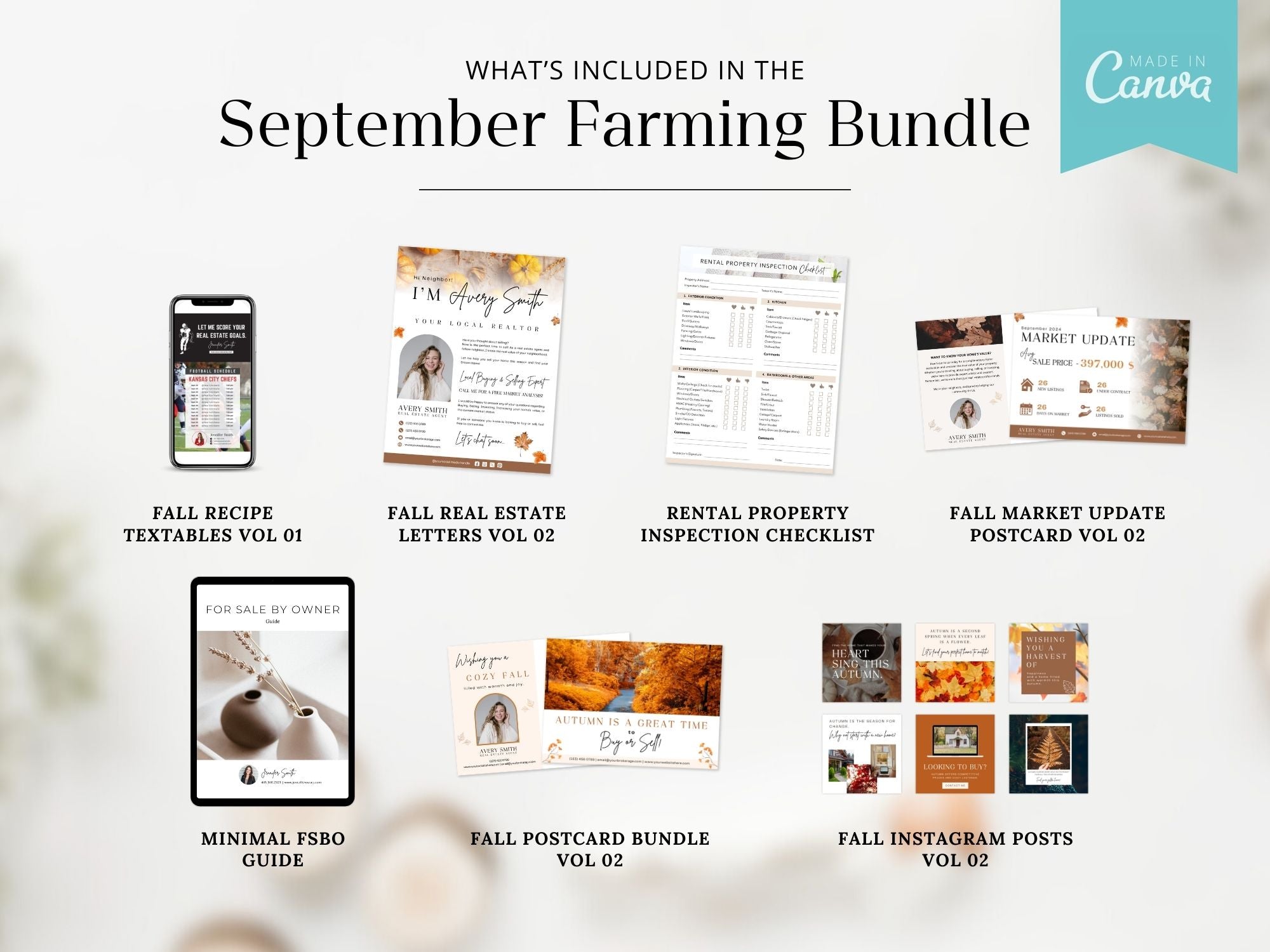 September Real Estate Farming Bundle featuring postcards, newsletters, and marketing materials for effective realtor farming.