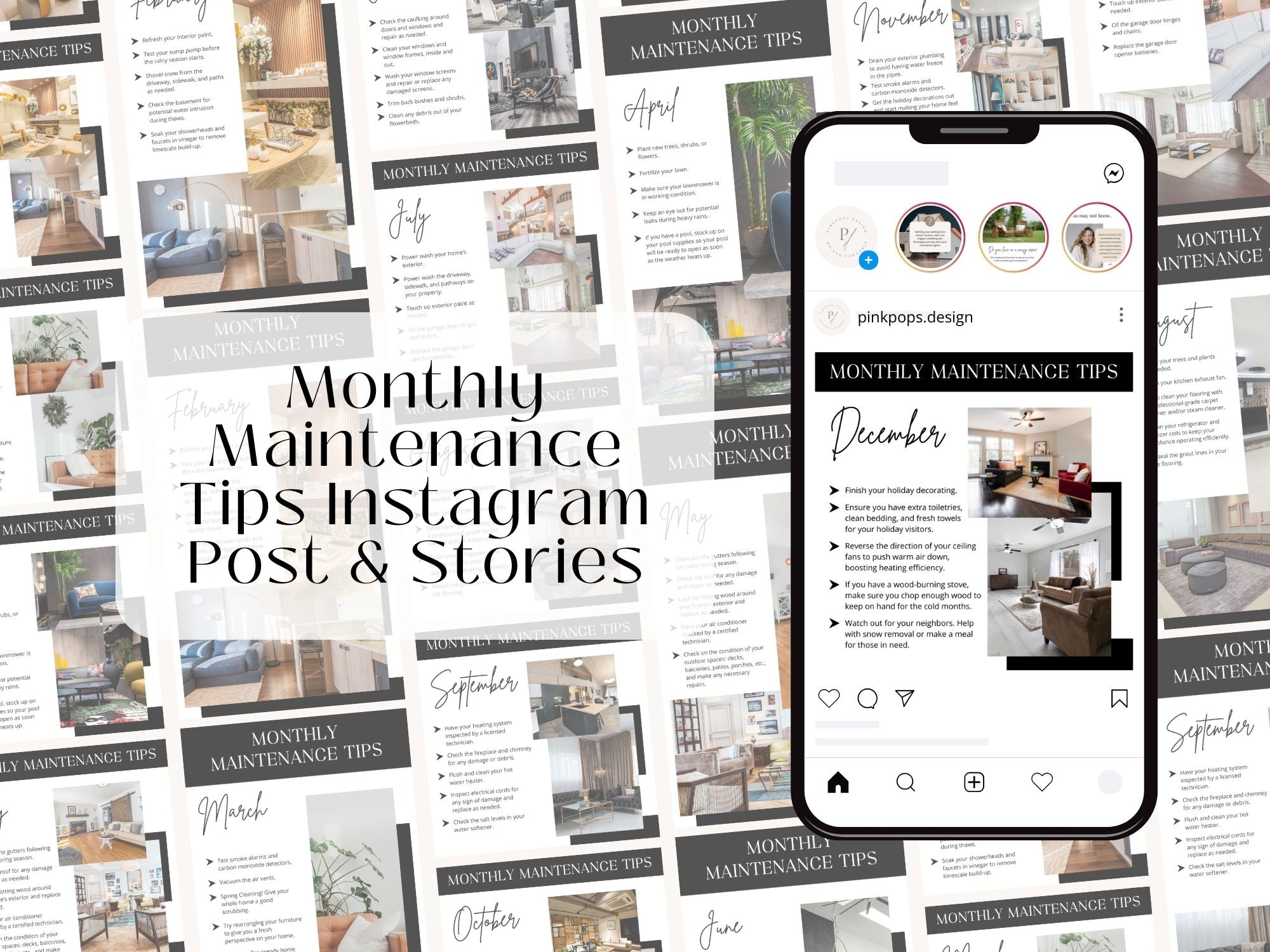 Monthly Maintenance Tips Instagram Post & Stories - Beautifully designed templates with home maintenance advice.