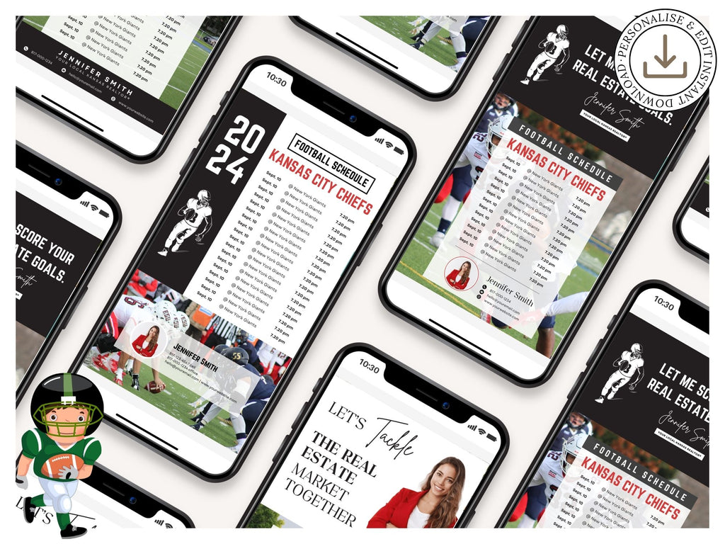 Football Schedule Textables Vol 01 featuring football-themed templates for real estate
marketing through text messages.