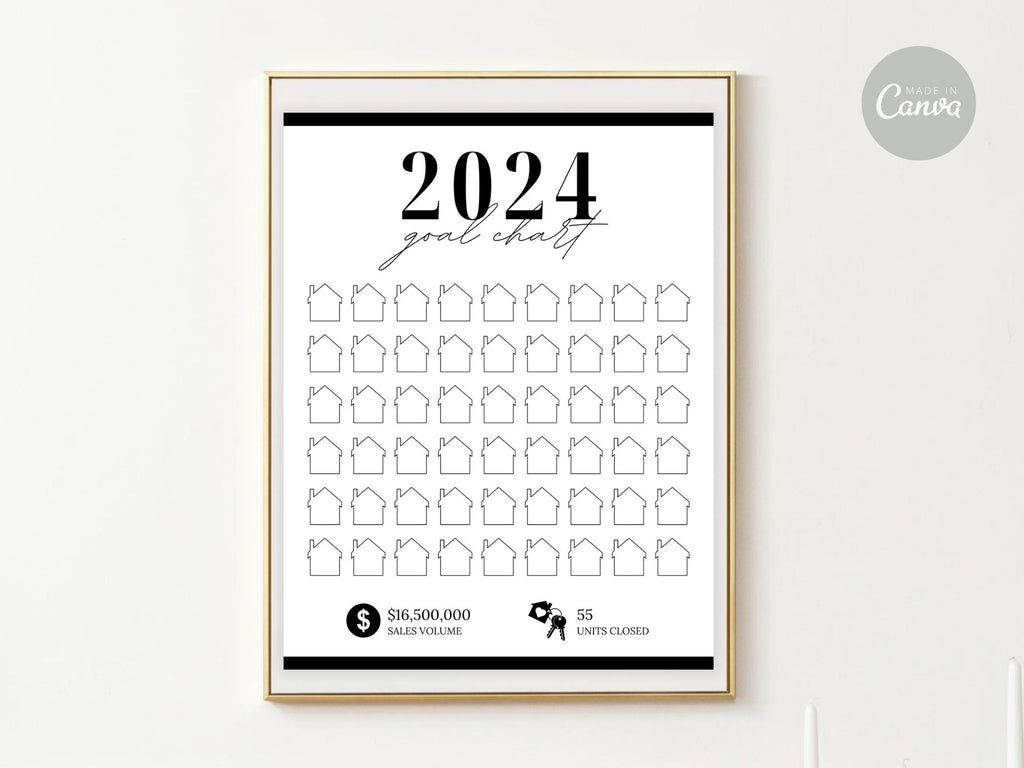 Real Estate Black 2024 Realtor Goal Chart - Sleek and modern chart for goal setting and tracking in a sophisticated black theme, providing a motivational and stylish tool for achieving real estate milestones.