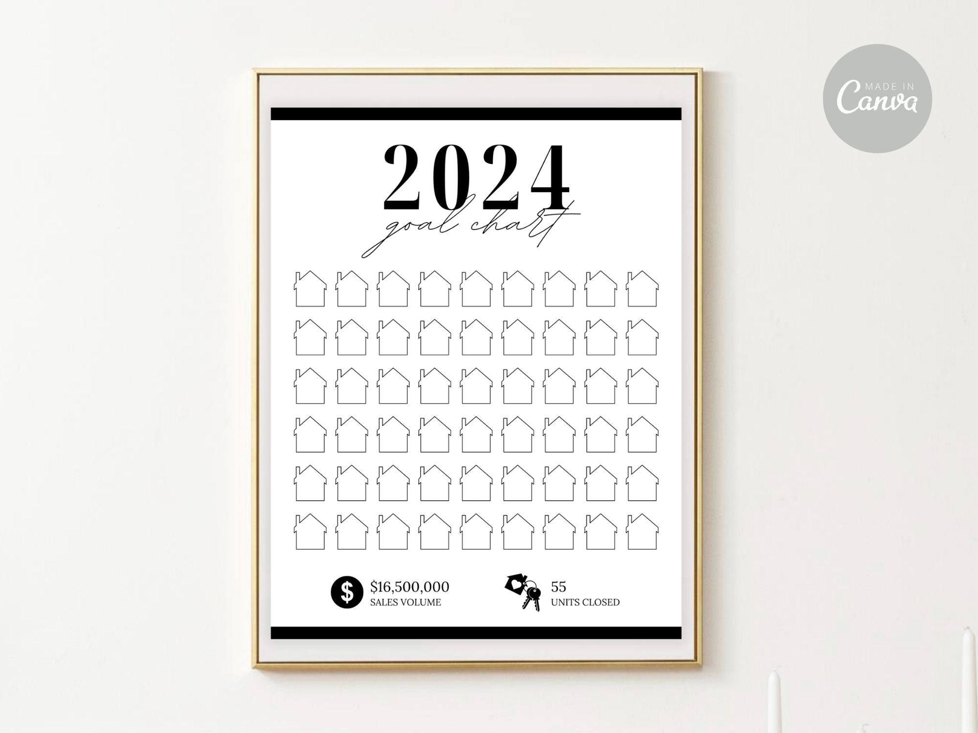 Real Estate Black 2024 Realtor Goal Chart - Sleek and modern chart for goal setting and tracking in a sophisticated black theme, providing a motivational and stylish tool for achieving real estate milestones.